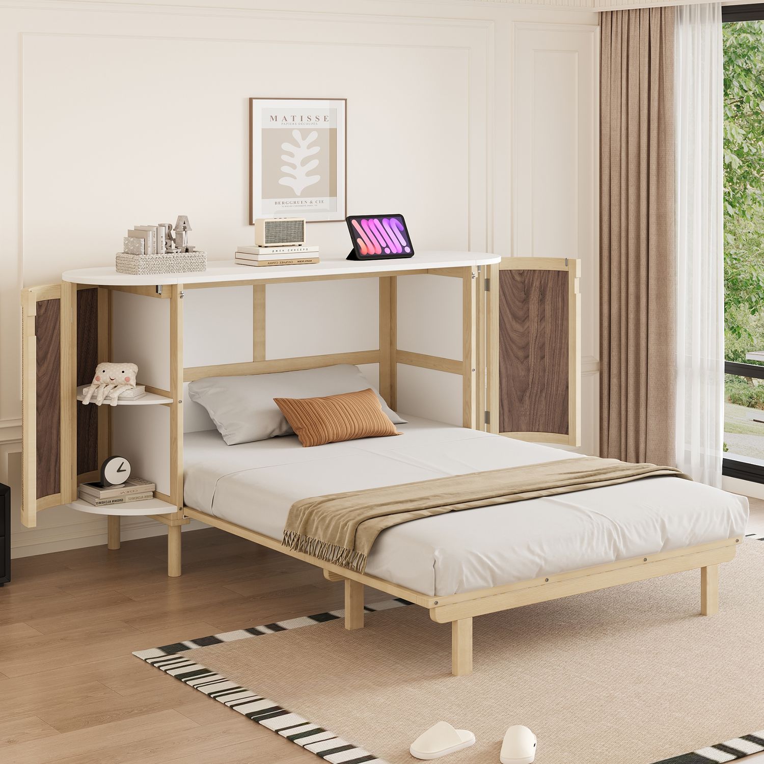 Bett 140x200 Klappbett Wandbett Rattan Staufächer Naturholz Platzsparend Bild 1