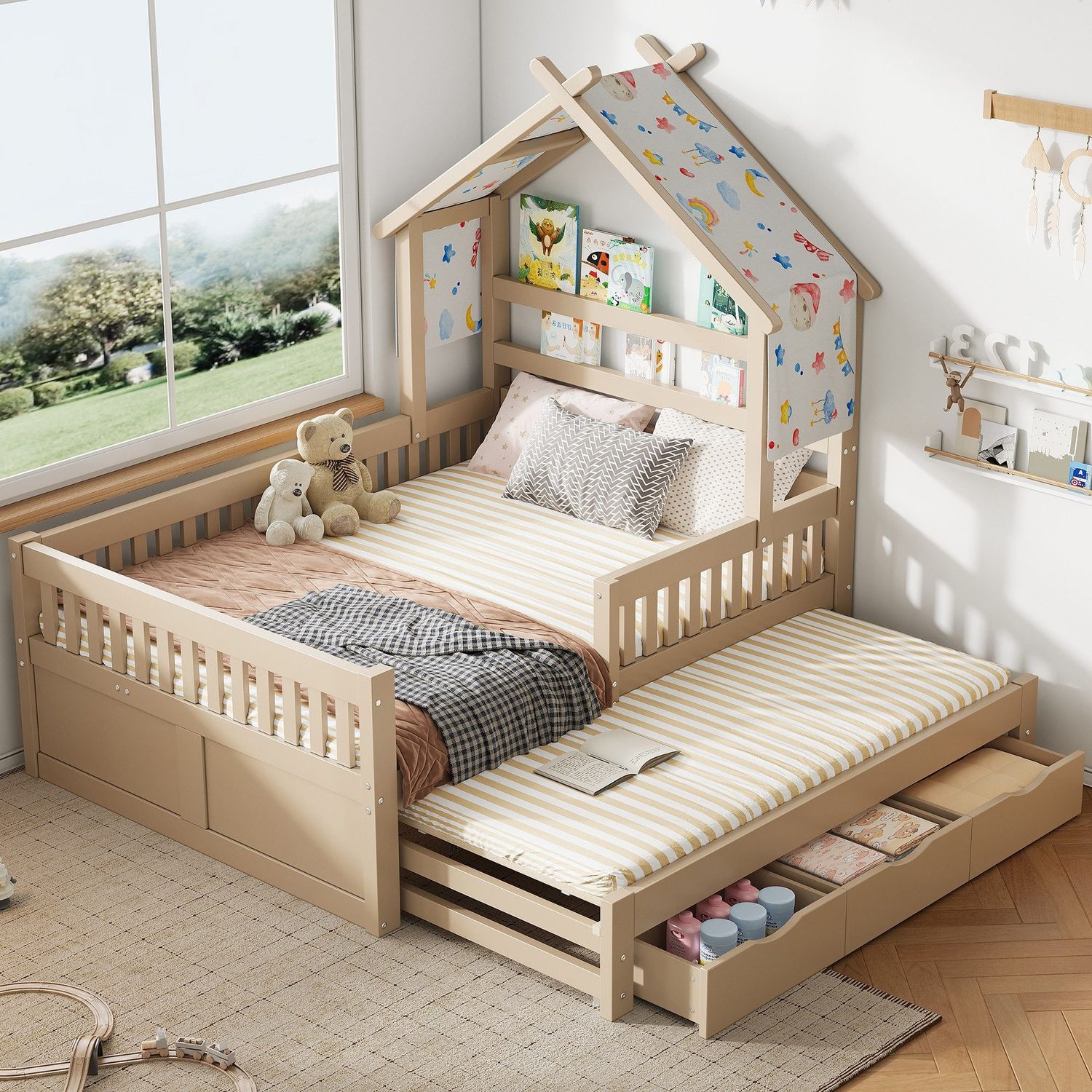 Hausbett mit Ausziehbett, Schubladen, Lattenrost, Zaun und Dach, 140x200 cm, Kinderbett mit Rausfallschutz, Kiefer Bild 1