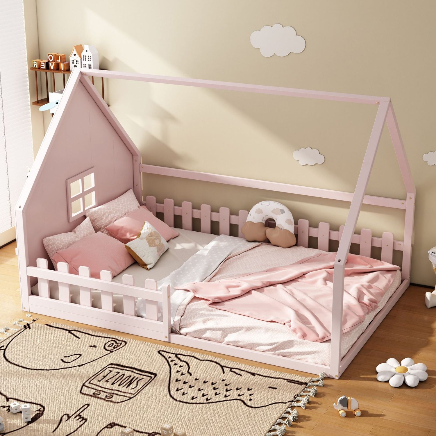 Hausbett mit Lattenrost und Rausfallschutz, 140x200 cm, Kinderbett, Kiefer Bild 1
