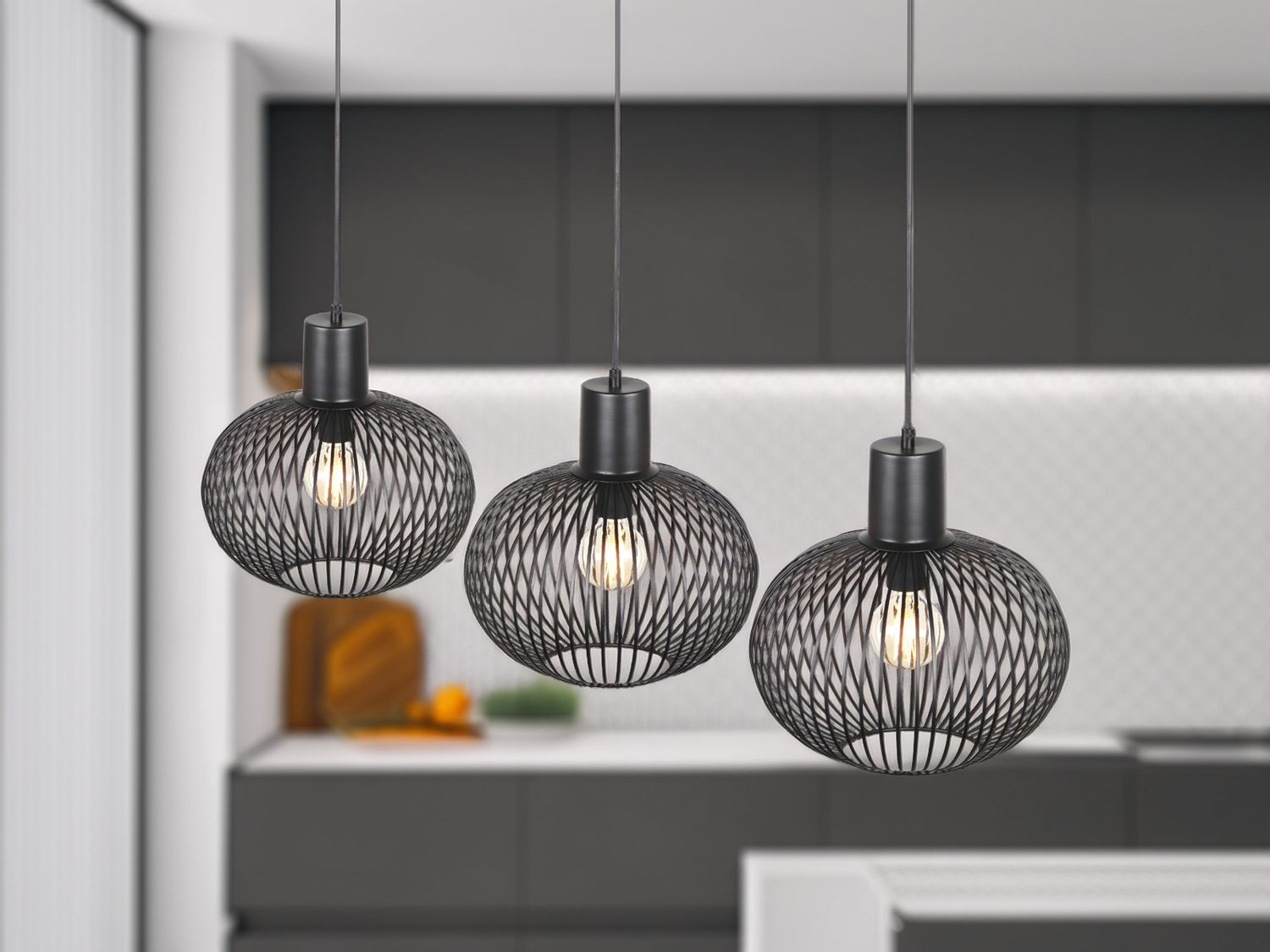 Pendelleuchte GILA 3-flammig mit Gitter Lampenschirmen Schwarz, Breite 120cm Bild 1
