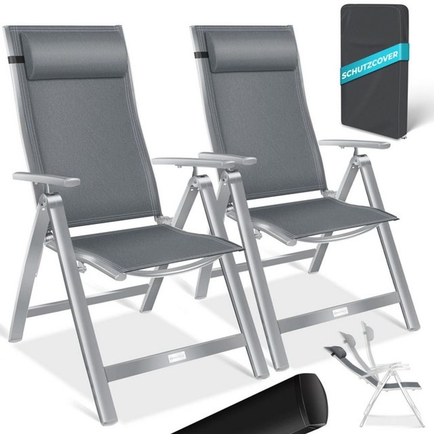 KESSER® Gartenstuhl Hochlehner mit Armlehnen | Aluminium Klappstuhl inkl. Kopfkissen Campingstuhl 7-Fach Verstellbar Rückenlehne | Atmungsaktiv & Wetterfest | Klappbar & Anti-Rutsch Hellgrau, 2 Stück Bild 1