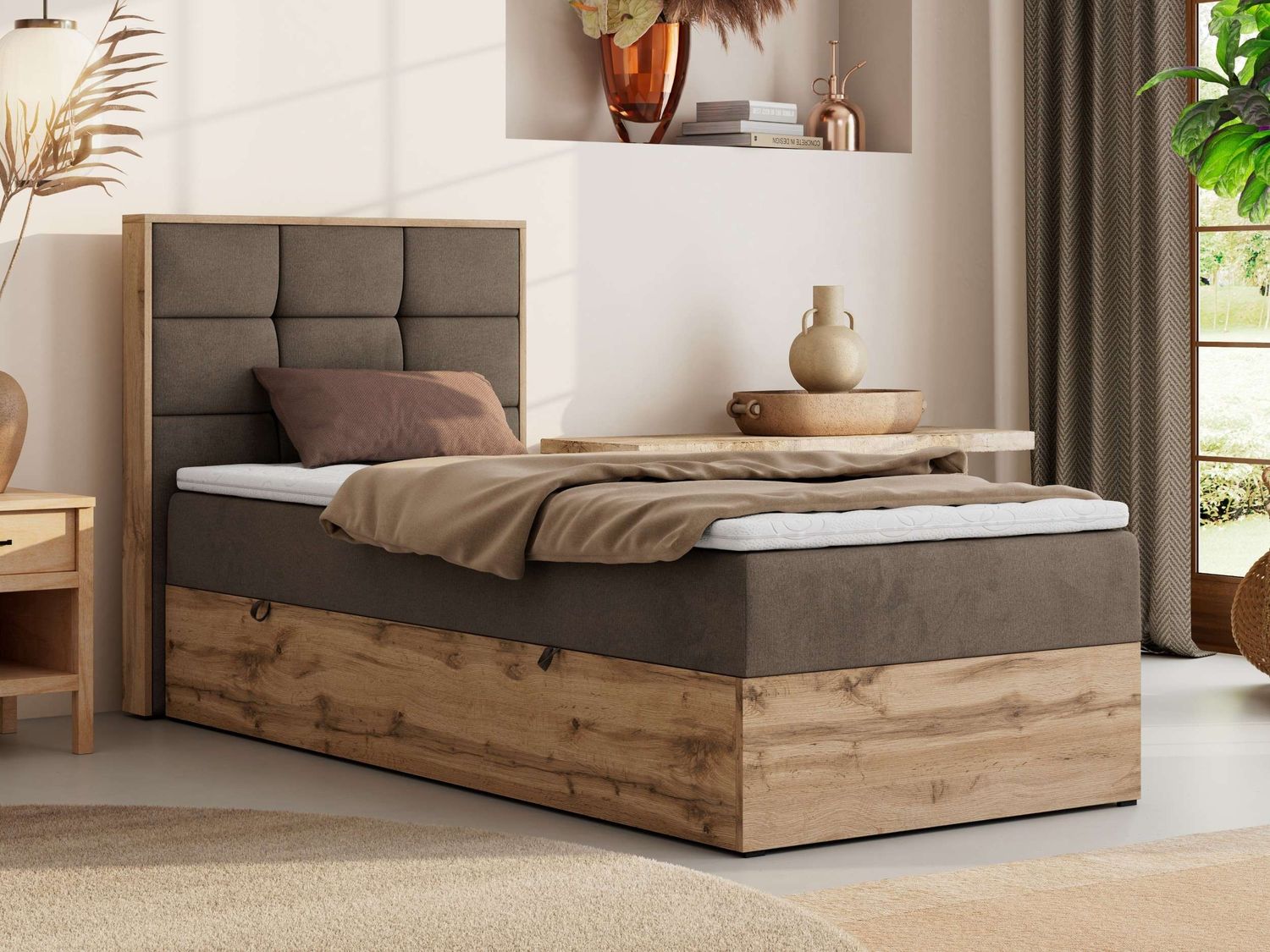 Boxspringbett ALBERO 1 90x200 mit Stauraum, 7-Zonen Multipocket Matratze H3, Bettkasten mit Federautomat, Öffnungsseite wählbar, Hotelbett - Braun Velvet - Topper T25 - Links Bild 1