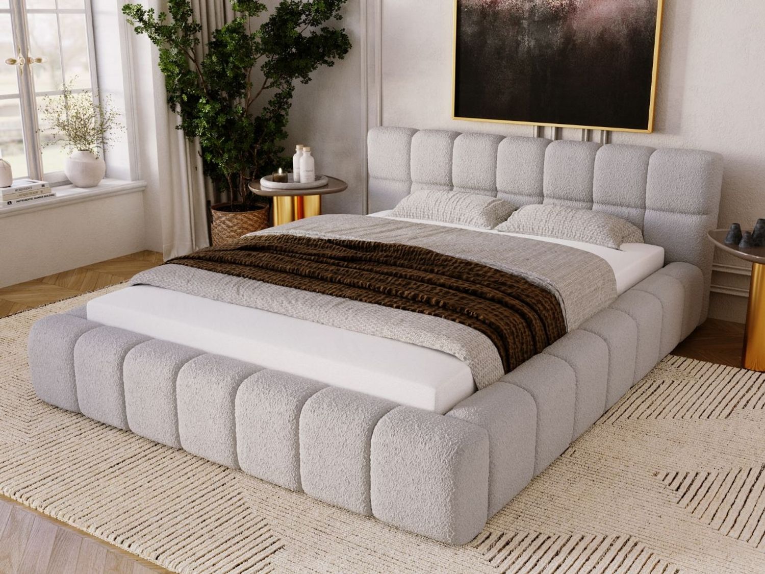 GRAINGOLD Alicante Polsterbett 140x200, Doppelbett mit Bettkasten und Kopfteil, Bouclé-Stoff, Hellgrau Bild 1