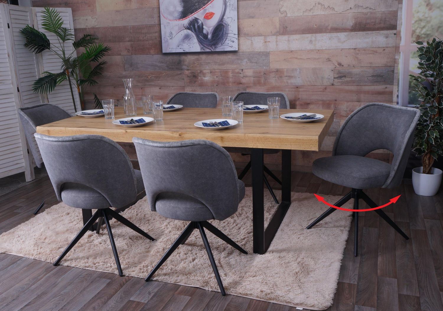 6er-Set Esszimmerstuhl HWC-N72, Polster-Küchenstuhl, drehbar Auto-Return, Stoff/Textil (420g/m²) Öko-Tex ~ dunkelgrau Bild 1