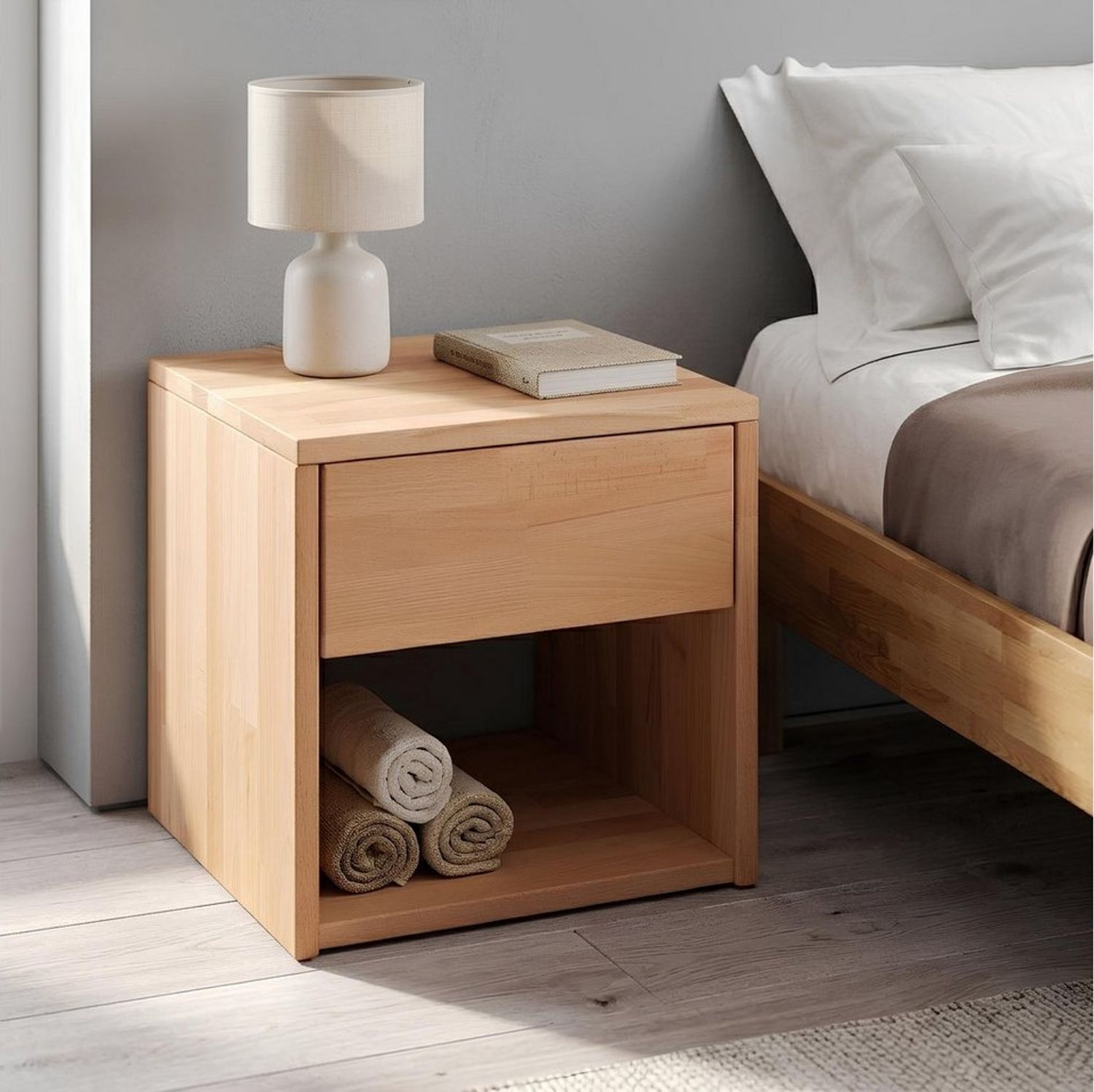 Krok Wood Nachttisch Jana aus Massivholz, geölt, mit Schublade, Farbe Natur 40x39x39 cm Bild 1
