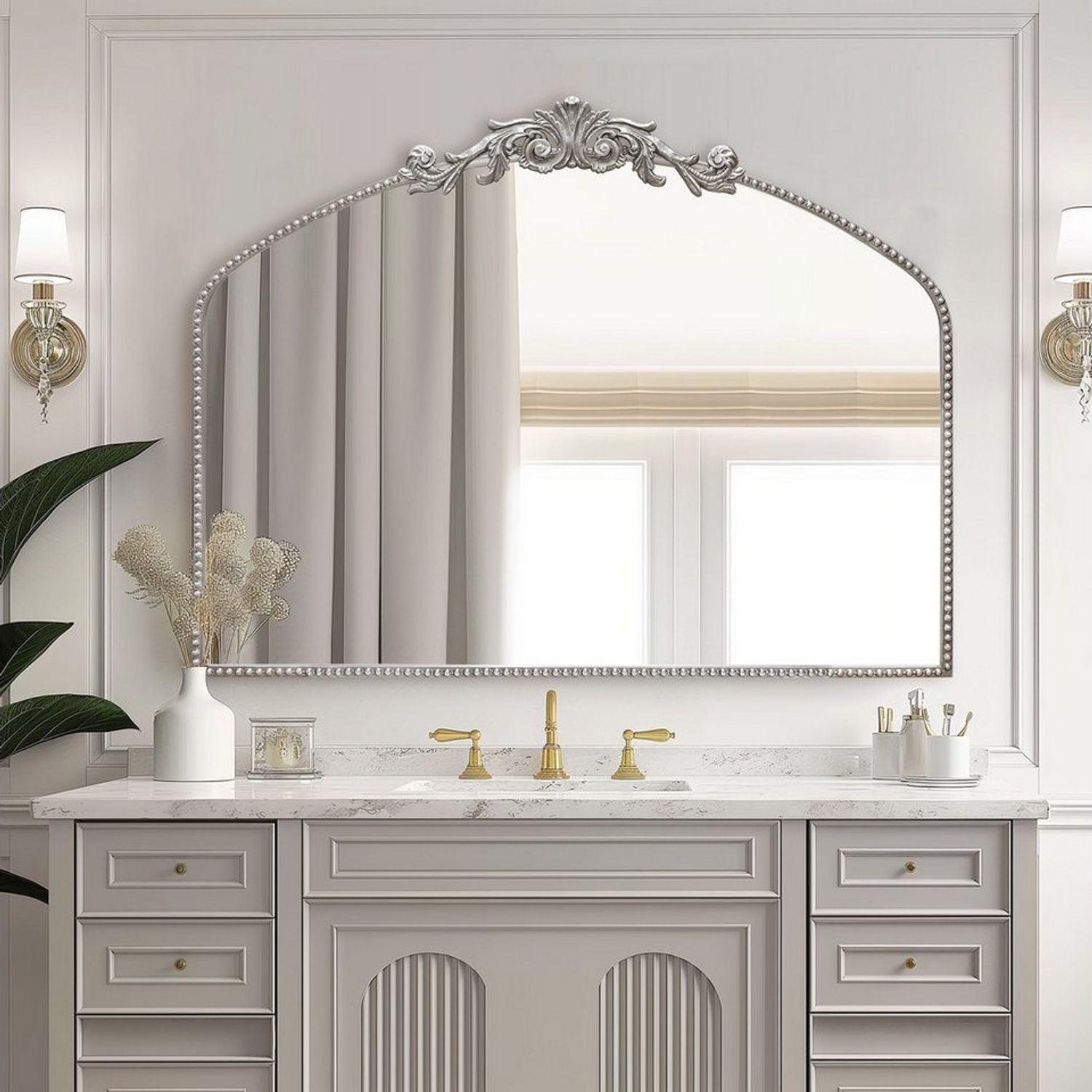 G-LEAF Spiegel Wandspiegel/Ganzkörperspiegel im Barockstil, mit Perlenverzierung (1-St), mit verschlungenen Mustern, 102×76cm, Vintage-Silber Bild 1