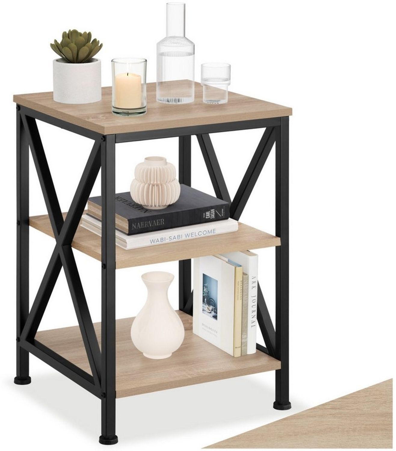 tectake 800940 Beistelltisch aus Holz und Metall, Nachttisch mit 3 Ebenen, X-förmige Streben, Industrie-Design, Vintage Couchtisch, schwarzes Metallgestell (Hellbraun | Nr. 404264) Bild 1