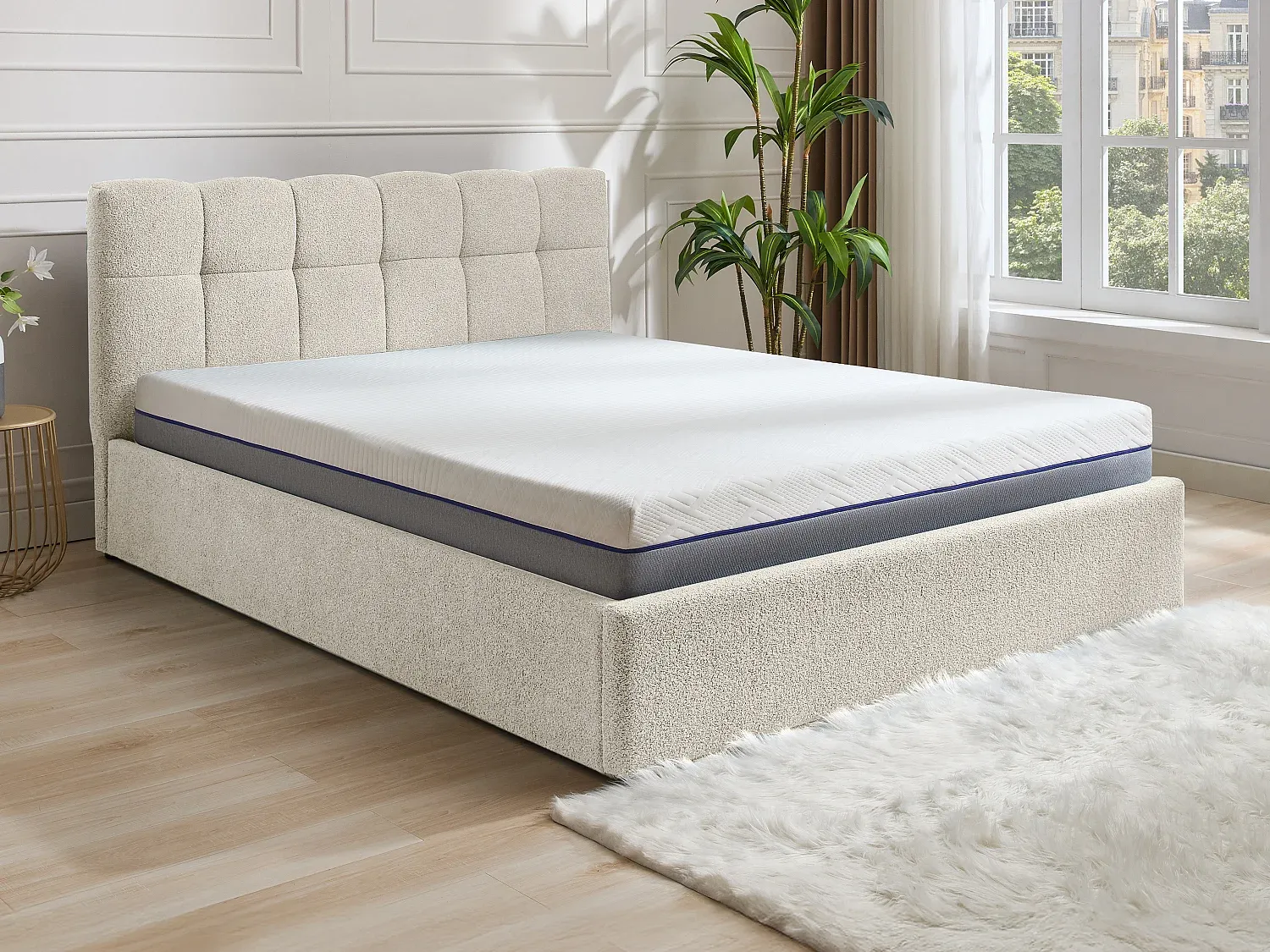 Vente-unique - MAZIRI Bett Stoff Weiß - B 208 cm x H 97 cm x L 152 cm Bild 1