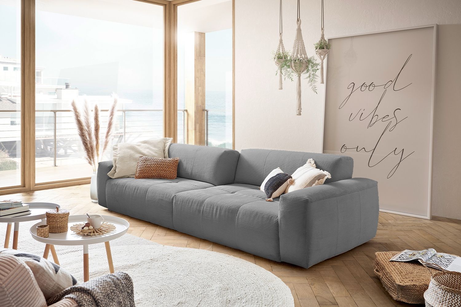 KAWOLA Big Sofa PALACE 3-Sitzer mit Sitztiefenverstellung Cord grau 74 x 120 x 298 cm Bild 1