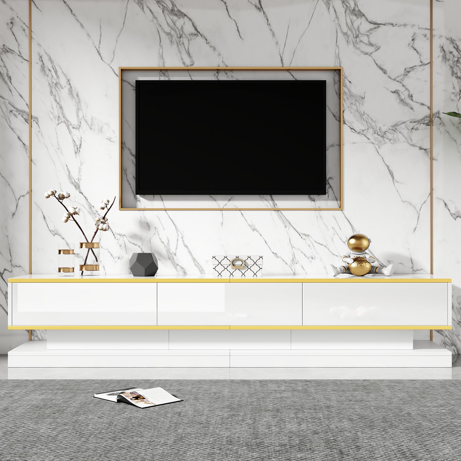 Merax 200*40*40cm Fernsehschrank, Lowboard mit 3 Schubladen, Hochglanz-TV-Ständer, Wohnzimmerschrank mit großem Stauraum, weißer TV-Tisch mit goldener Kante, Standfernsehschrank Bild 1