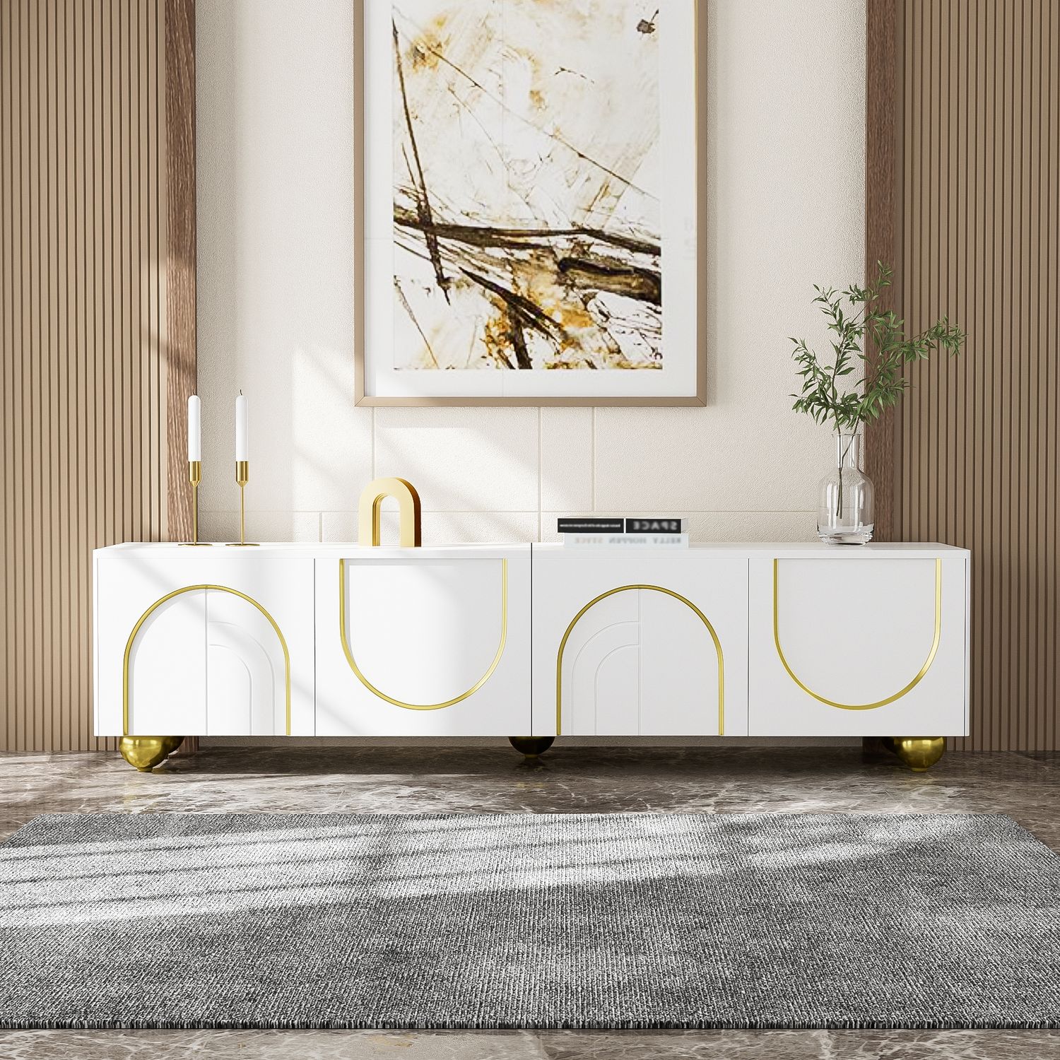 TV-Lowboard aus Spanplatte mit 4 Türen, Push-to-Open, 170x38x44 cm, Weiß/Gold Bild 1