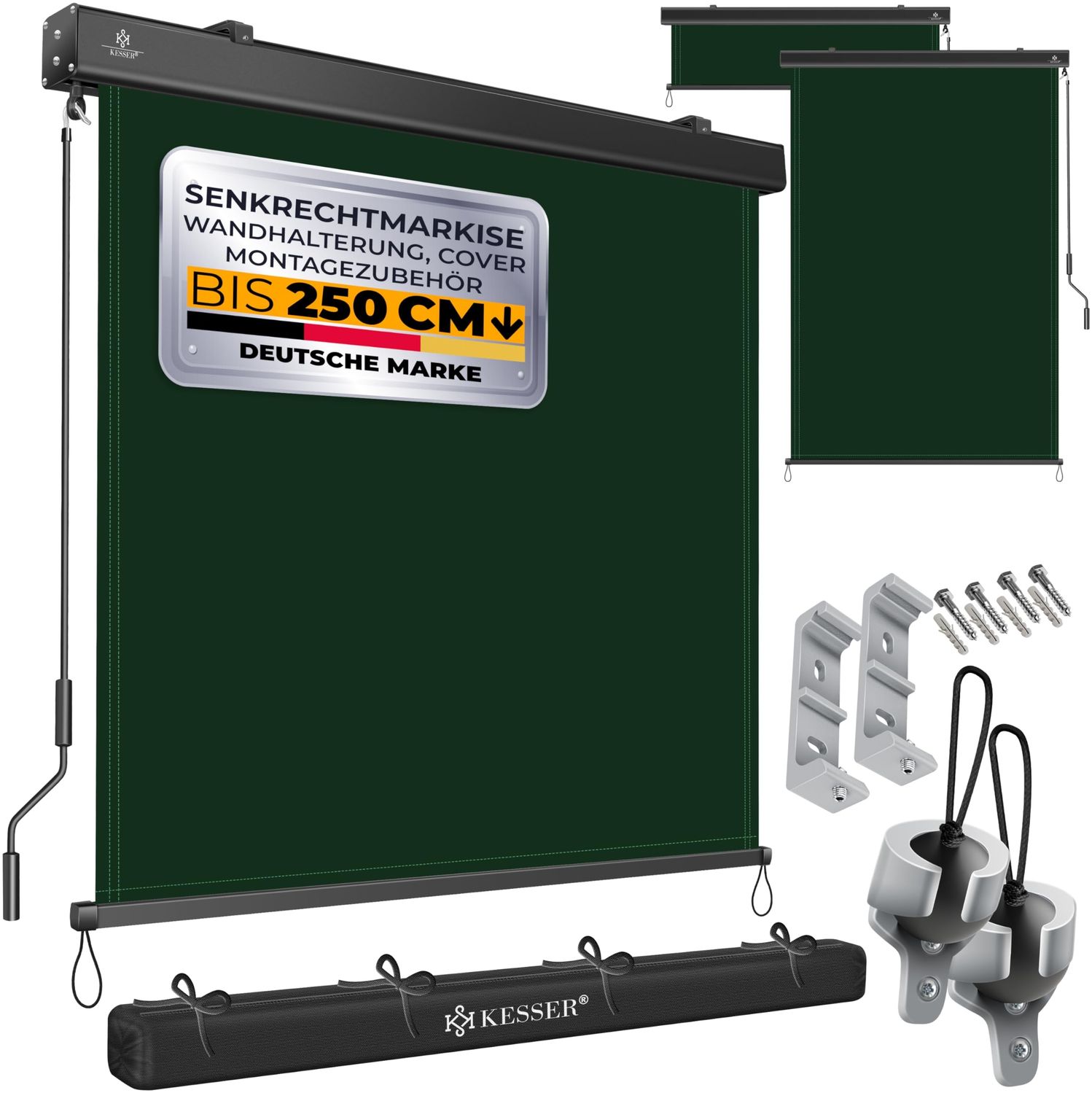 KESSER® Senkrechtmarkise Außenrollo Handkurbelmechanismus Balkonrollo Sonnen & Sichtschutz Beschattung Sonnenschutz Außen Rollo mit Kurbel Markisenkasten Balkon & Terrasse Inkl. Montageset & Abdeckung Dunkelgrün, 200 x 250cm Bild 1
