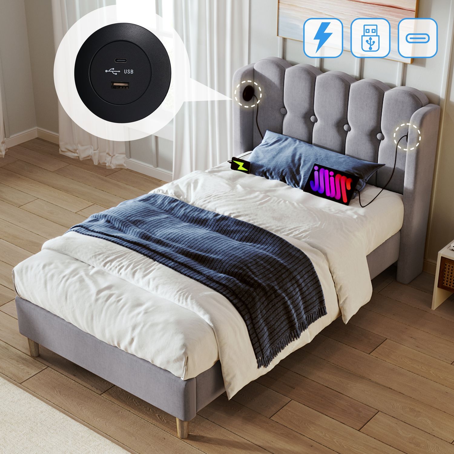 Polsterbett Einzelbett mit USB Typ C Ladefunktion, Bettgestell mit Lattenrost , Gepolstertes bett in Grau,90 x 200 cm Bettrahmen Jugendbett für Schlafzimmer Gästezimmer-Leinenmaterial Bild 1