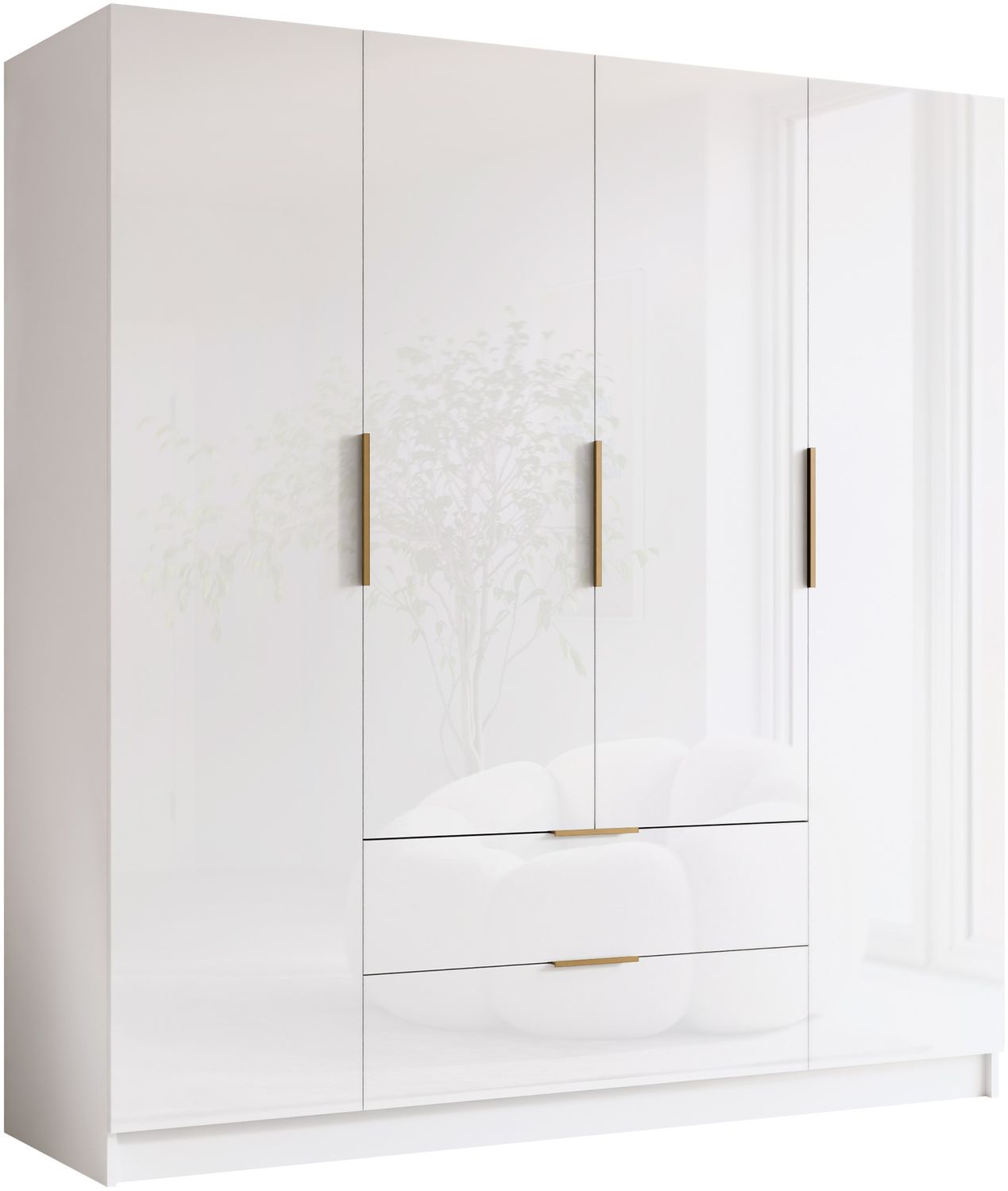 Kleiderschrank Sozor I (Farbe: Weiß / Weiß Hochglanz + Gold) Bild 1