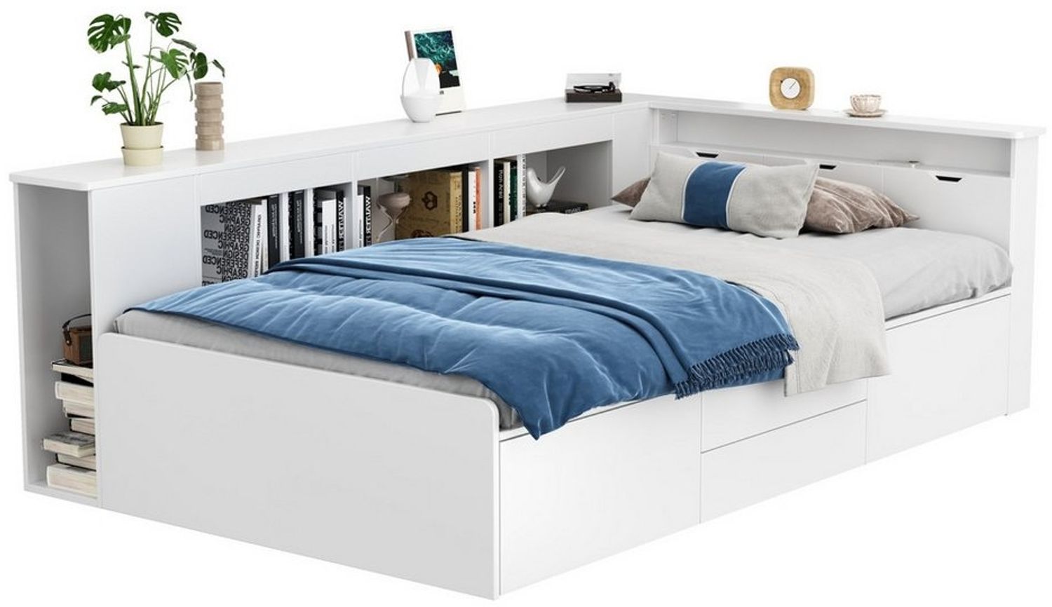 OKWISH Kinderbett Einzelbett mit Stauraum, mit Schubladen,Bücherregal und Stauschrank,90*200cm Bild 1
