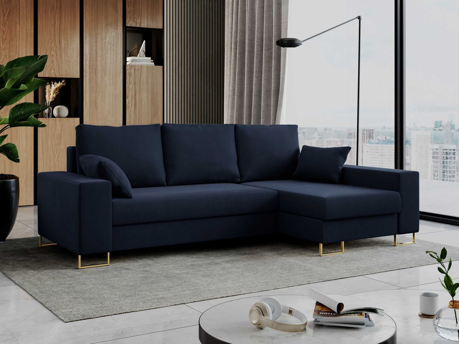 Mks Möbel 'Dorian L-Form' Ecksofa mit Bettkasten, 242 x 138 x 85 cm, Dunkelblau, Velvet Bild 1