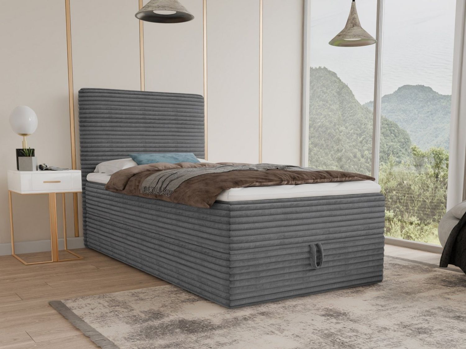 Boxspringbett Mollo Mini mit Bettkasten und Matratzentopper - Einzelbett mit Bonell-Matratze und Topper, Polsterbett in weichem Cordstoff, Bett, Schlafzimmer (Graphit (Tilia 90), 90 x 200 cm) Bild 1