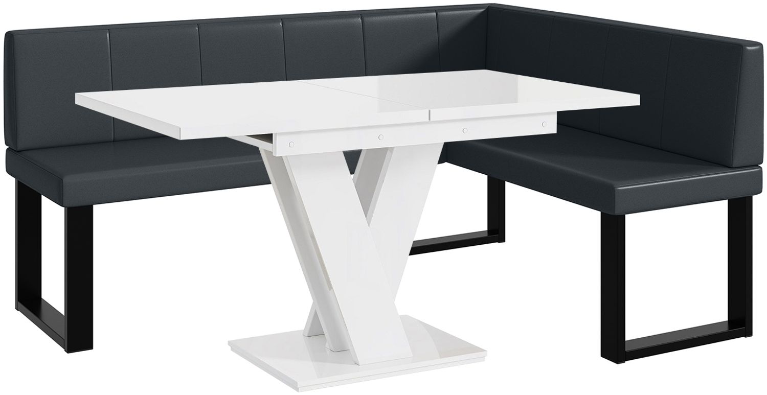 MEBLINI Eckbank für Esszimmer mit ausziehbarem Tisch - Küchenbank - Essecke - Sitzecke Küche - PETER - U-Beine 128x168x87cm Rechts - Dunkelgrau Kunstleder/M Weiß Hochgl. Bild 1