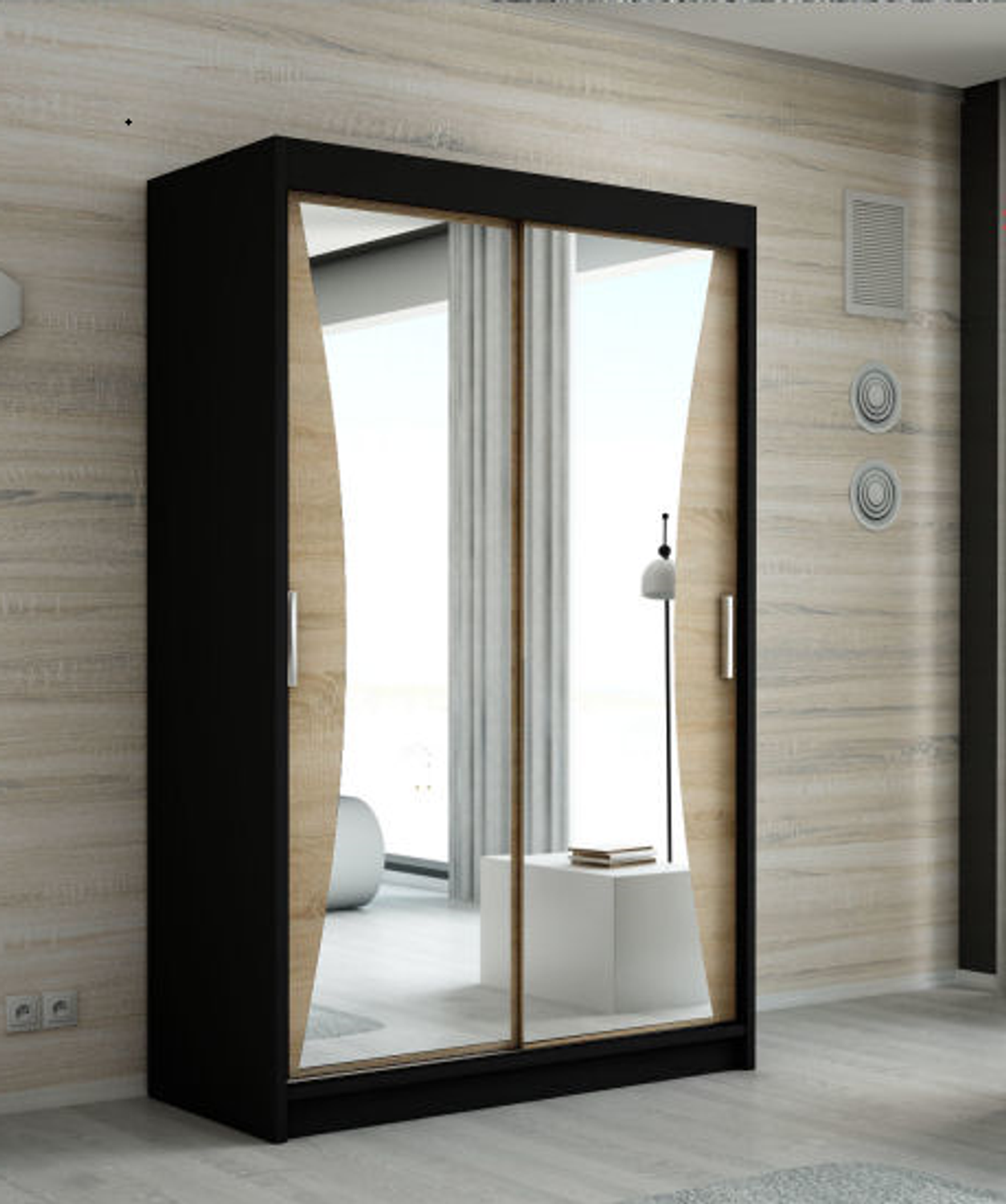 Schwebetürenschrank NIKO 2-türig Schrank 120 cm (mit Spiegel) Farbe: Schwarz , sonoma Bild 1