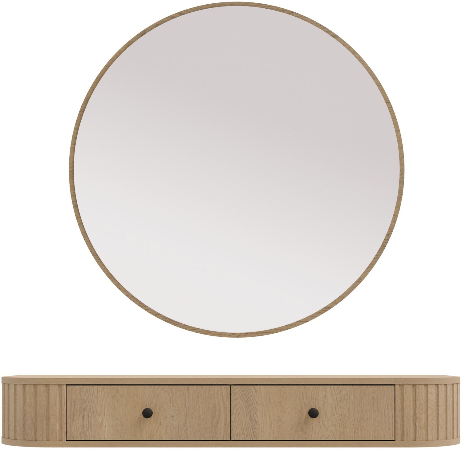 AX LIVING Schminktisch Halay Eiche Cremona 2 Schubladen mit runden Kanten + Rund Spiegel 100 cm Bild 1