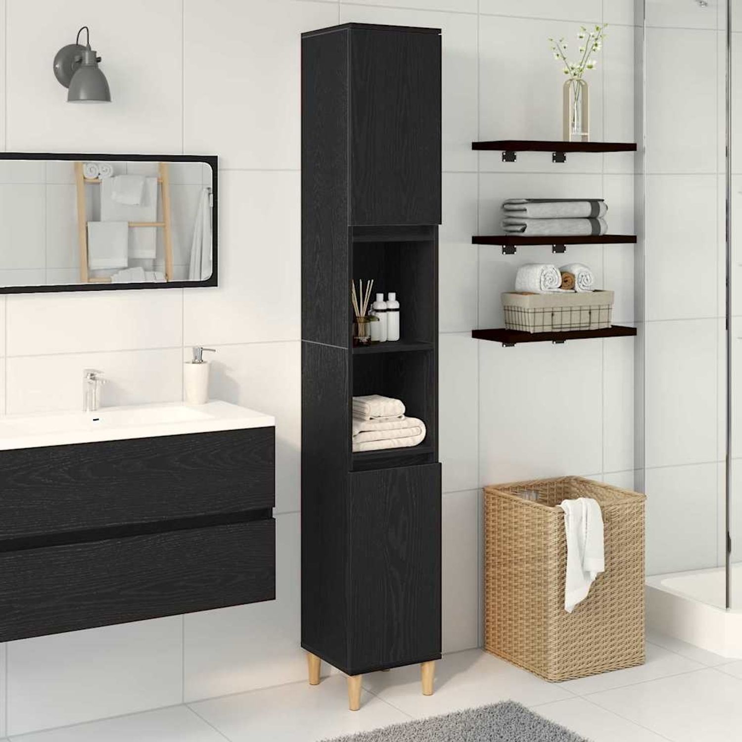 vidaXL Badezimmerschrank mit Tür Schwarz Eichen-Optik 30 x 30 x 190 cm 862805 Bild 1