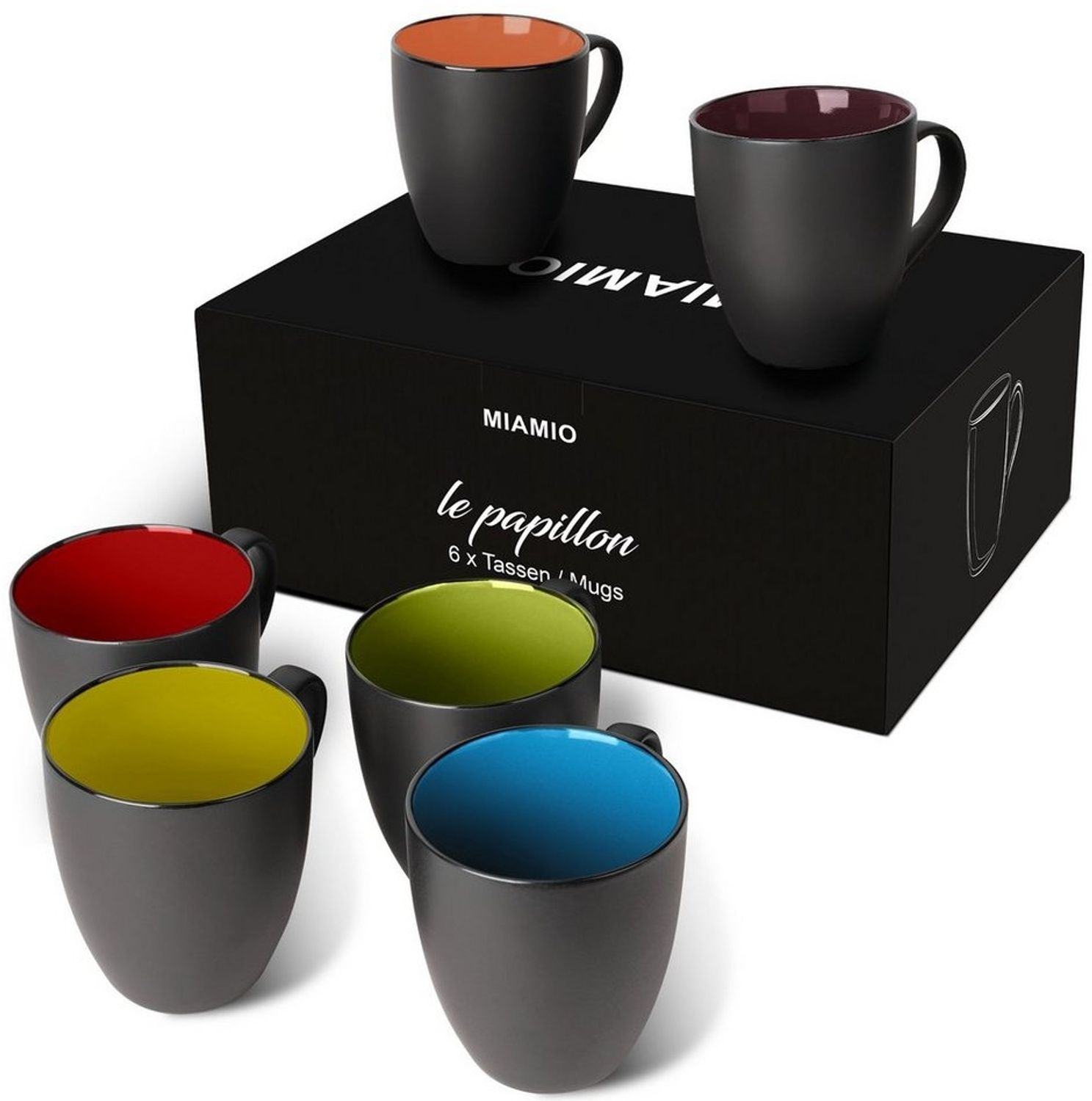 MiaMio Tasse MIAMIO - 6 x 350 ml Kaffeetassen Set Außen Schwarz Innen Farbig Bild 1