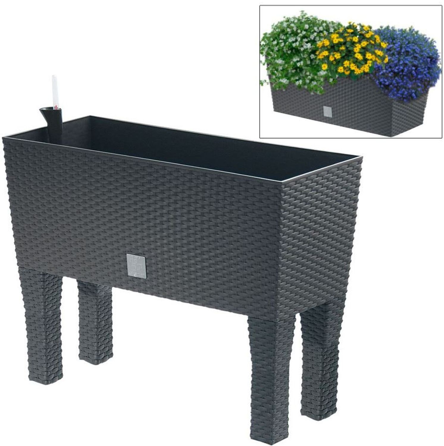 Polyrattan-Blumenbank mit Bewässerung 80cm Pflanzkasten Blumenkasten Pflanztrog Bild 1
