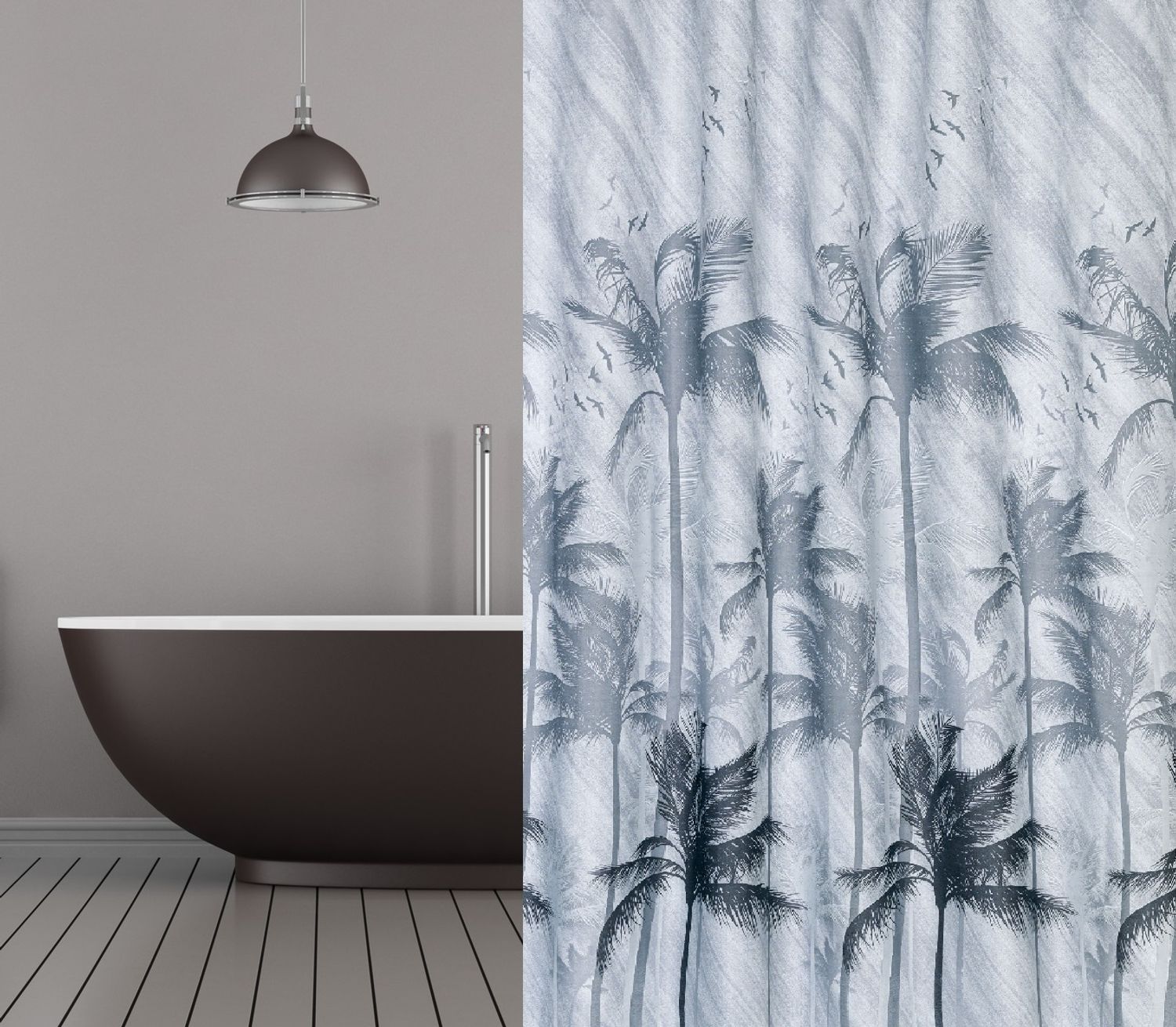 Textil Duschvorhang Palmen grau schwarz 180x200 cm hellgrau inkl. Duschvorhangringe Bild 1