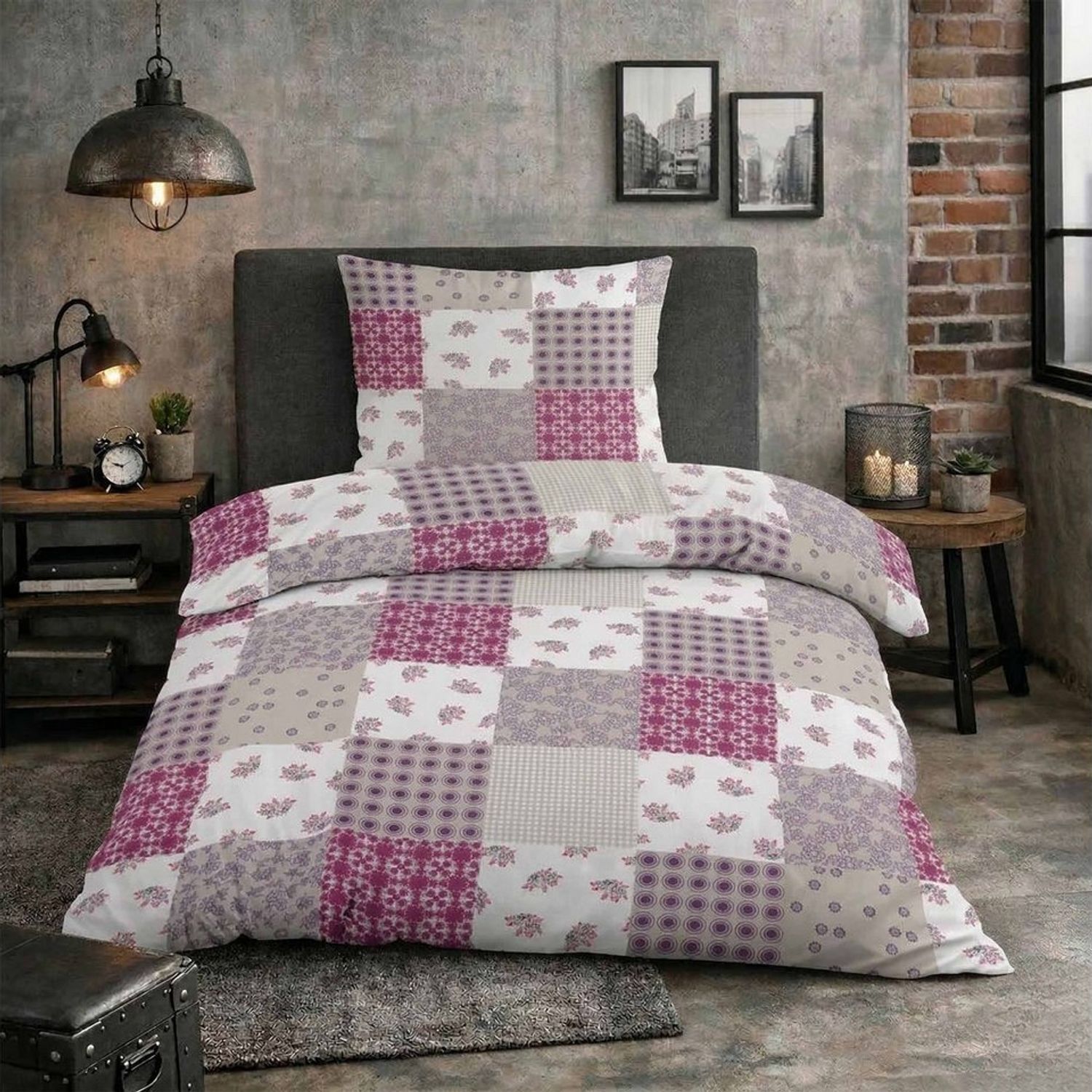 Casa Colori Bettwäsche Renforce Ganzjahres Bettgarnitur 135x200 cm, Renforce, 2 teilig, Braun Violett kariert Bild 1