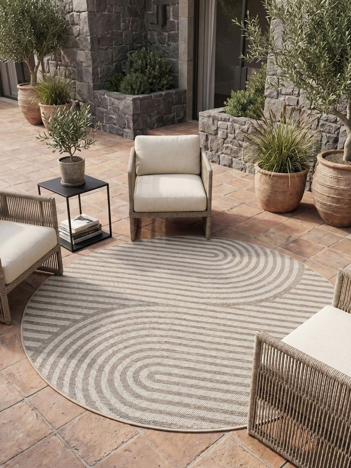 KADIMA DESIGN Teppich VENTOUX Wetterfest UV-Beständig Balkon Waschbar Boho Balkonteppich, Rund, Höhe: 5 mm, Beige, 80x80 cm, Outdoor Terrasse Strapazierfähig Pflegeleicht Robust Bild 1