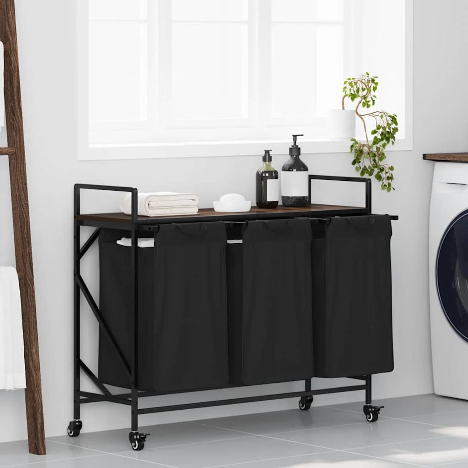 vidaXL Wäschekorb 3 Fächer mit Rollen Braune Eiche 859094 Bild 1