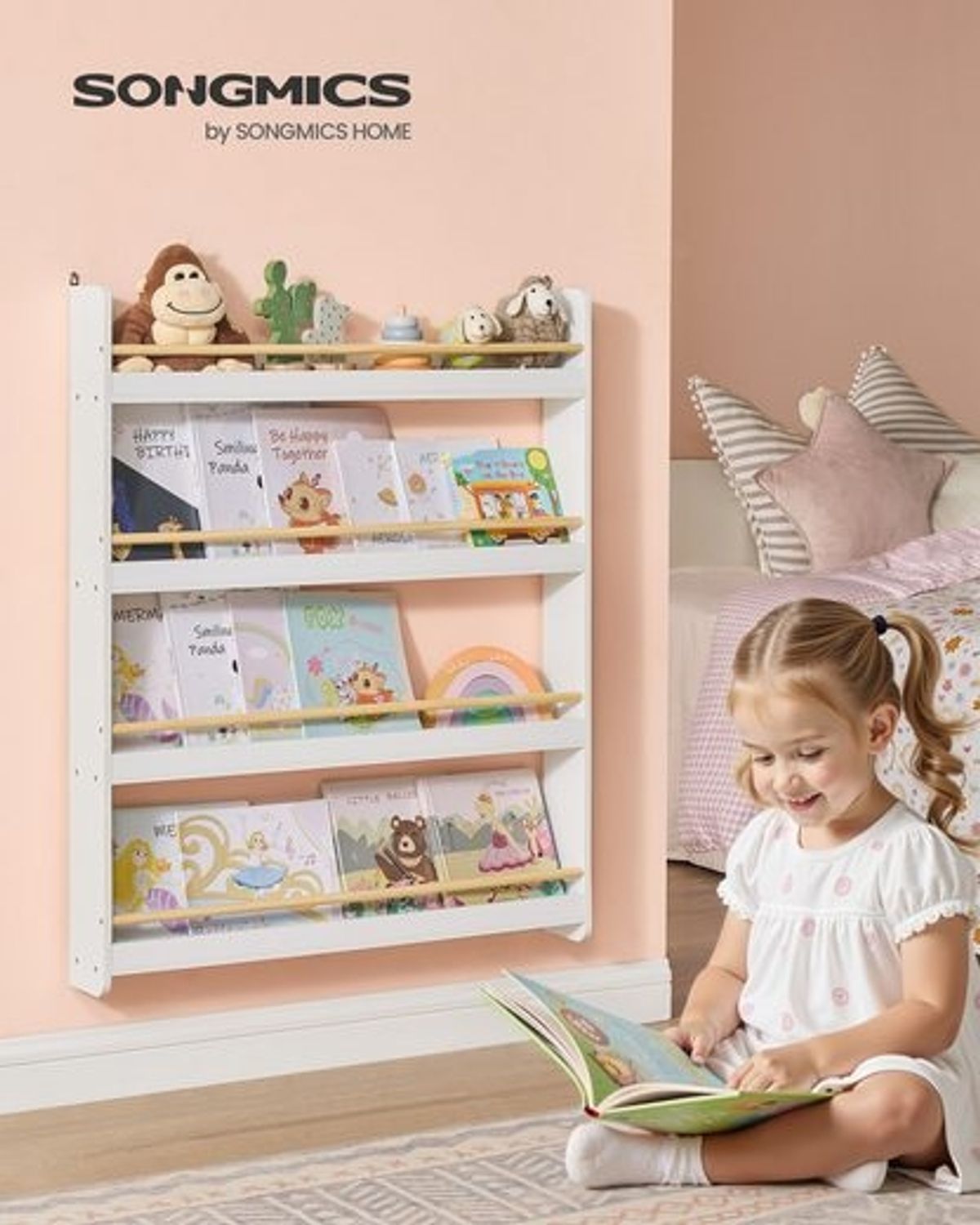 SONGMICS Bücherregal Kinder, Kinderregal mit 4 Ebenen, Spielzeugregal, Wandregal, für Kinderzimmer, Spielzimmer, weiß-naturfarben Bild 1