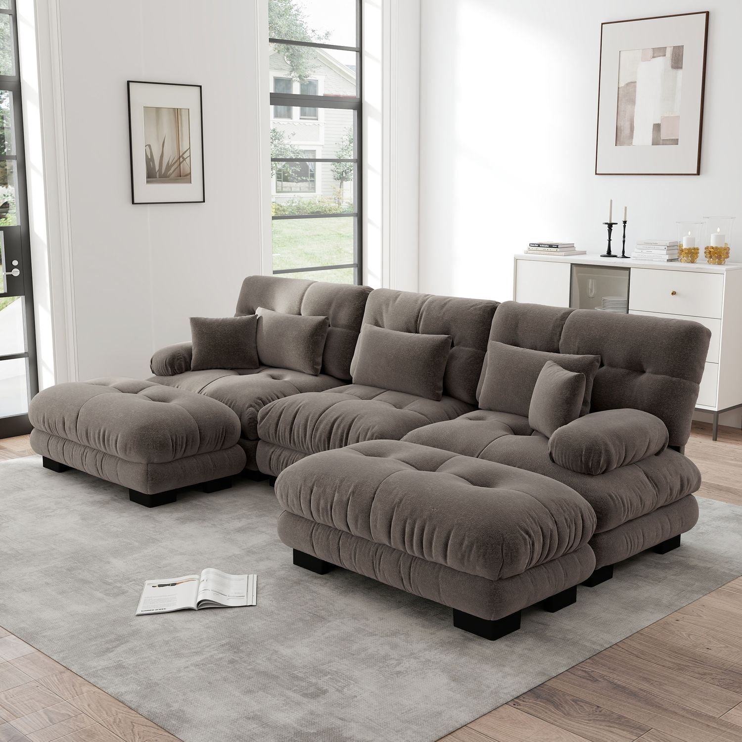 Modulare Wohnlandschaft H 81 x T 313 x B 145 cm aus Chenille in Braun, erweiterbar mit beweglichen Ottomans Bild 1