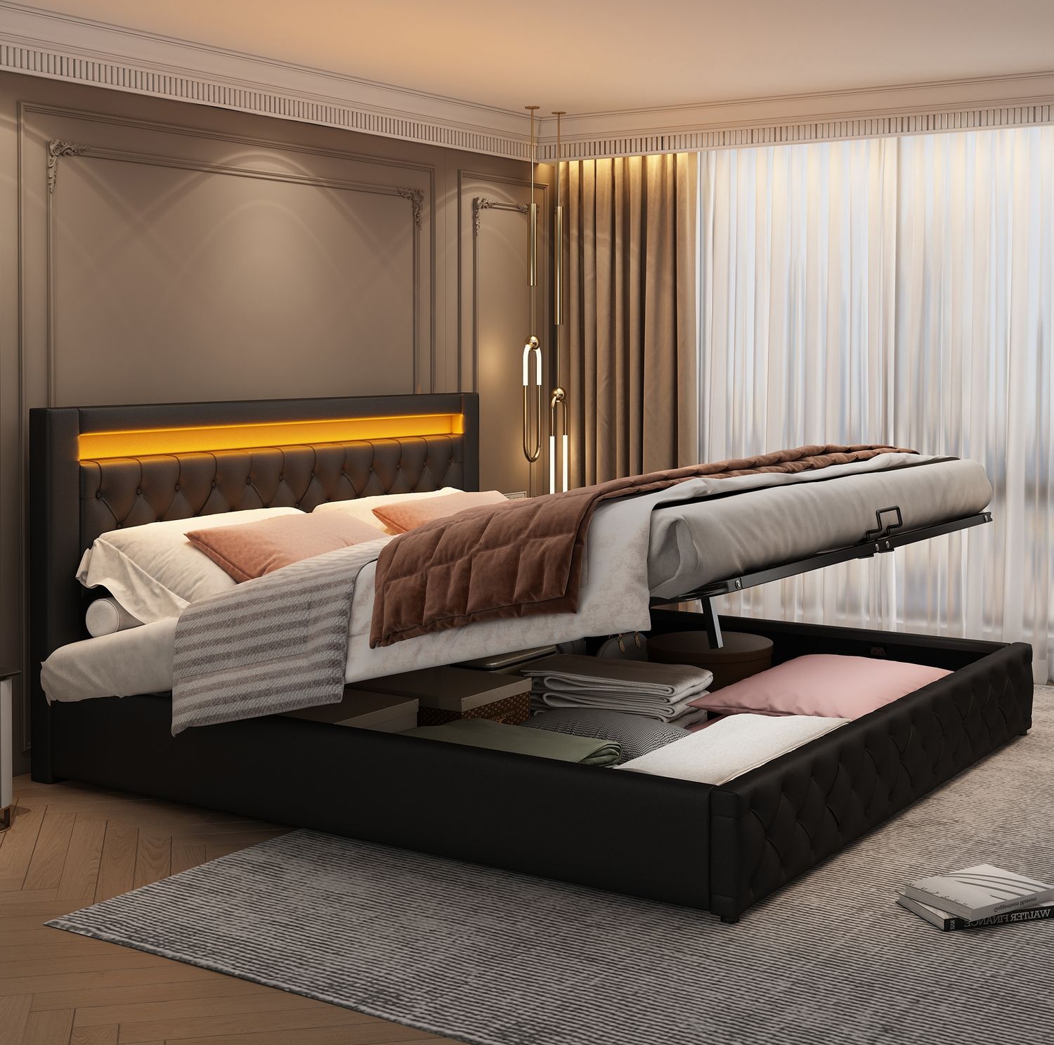 Polsterbett 140x190 cm mit Stauraum und LED – schwarzes Bett aus PU mit Lattenrost Bild 1