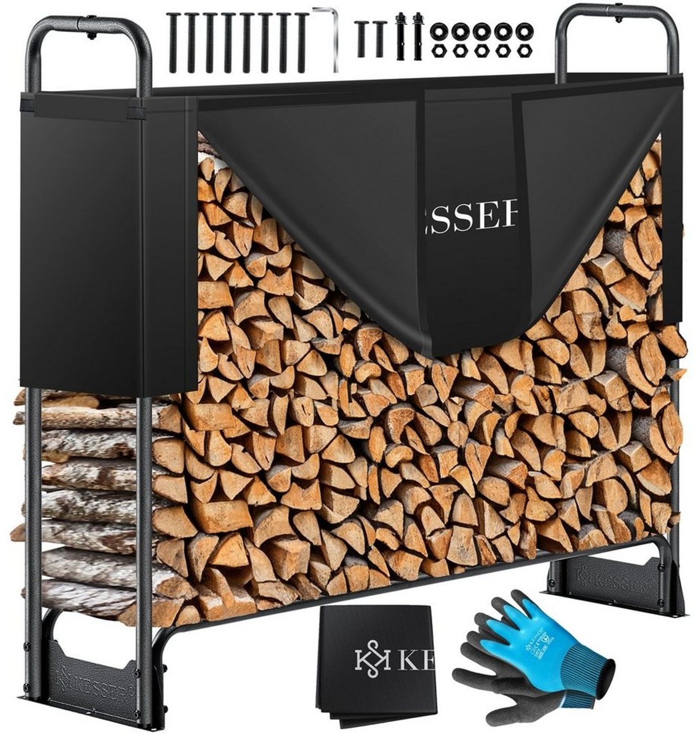 KESSER® Kaminholzregal Metall Brennholzregal außen Stahlrahmen + Abdeckung & Handschuhe Kaminholzunterstand 200kg Wasserdichter Holzlager Holzstapelhilfe für Garten Terrasse Schwarz, 130 x 36 x 117cm Bild 1