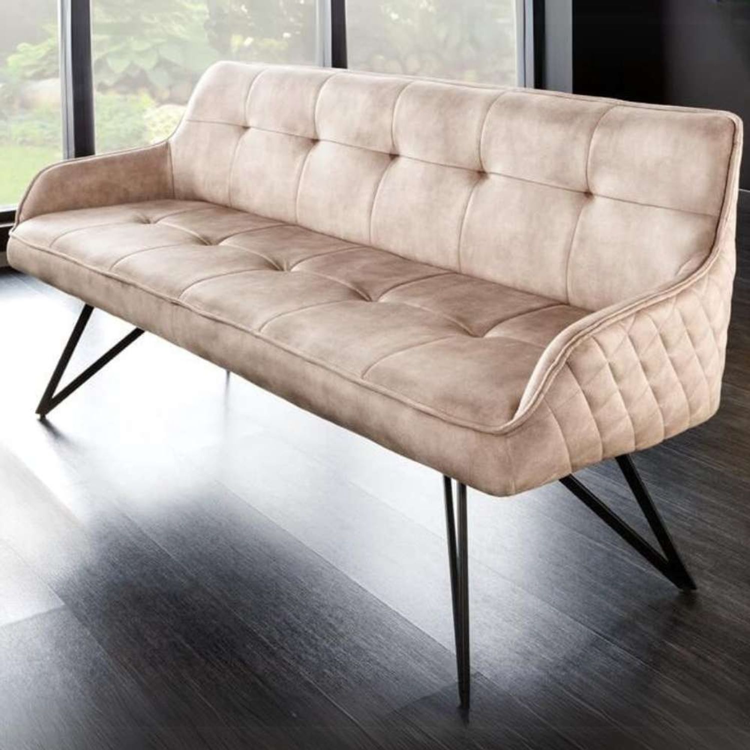 Elegante Sitzbank HORA Samt sand Retrostil Ziersteppung Armlehnen Metallbeine Bild 1