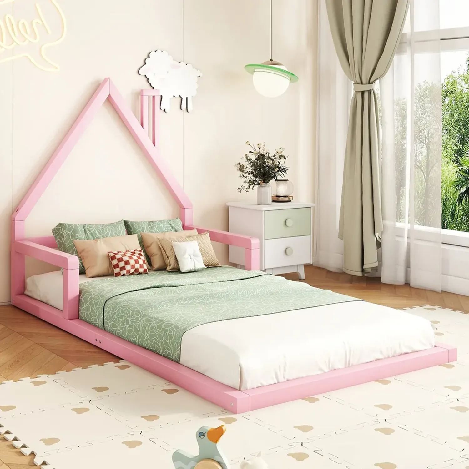 Kinderbett mit Lattenrost, 90x200 cm, Hausbett, Bodenbett, Jugendbett, Kiefer Bild 1