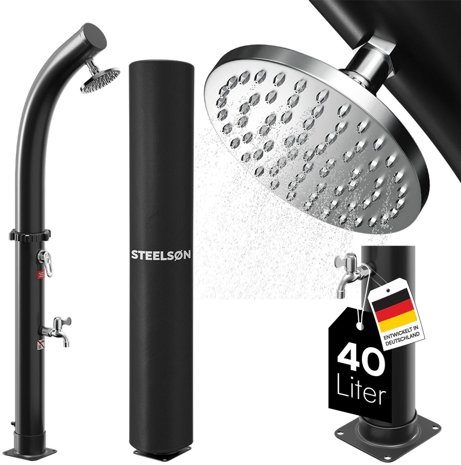 STEELSØN 'Selara' Solardusche 40 Liter, schwarz, warmes Wasser bis 60°C, Gartendusche mit schwankendem Regenduschkopf und Wasserhahn, Outdoor Dusche inkl. Schutzhaube Bild 1