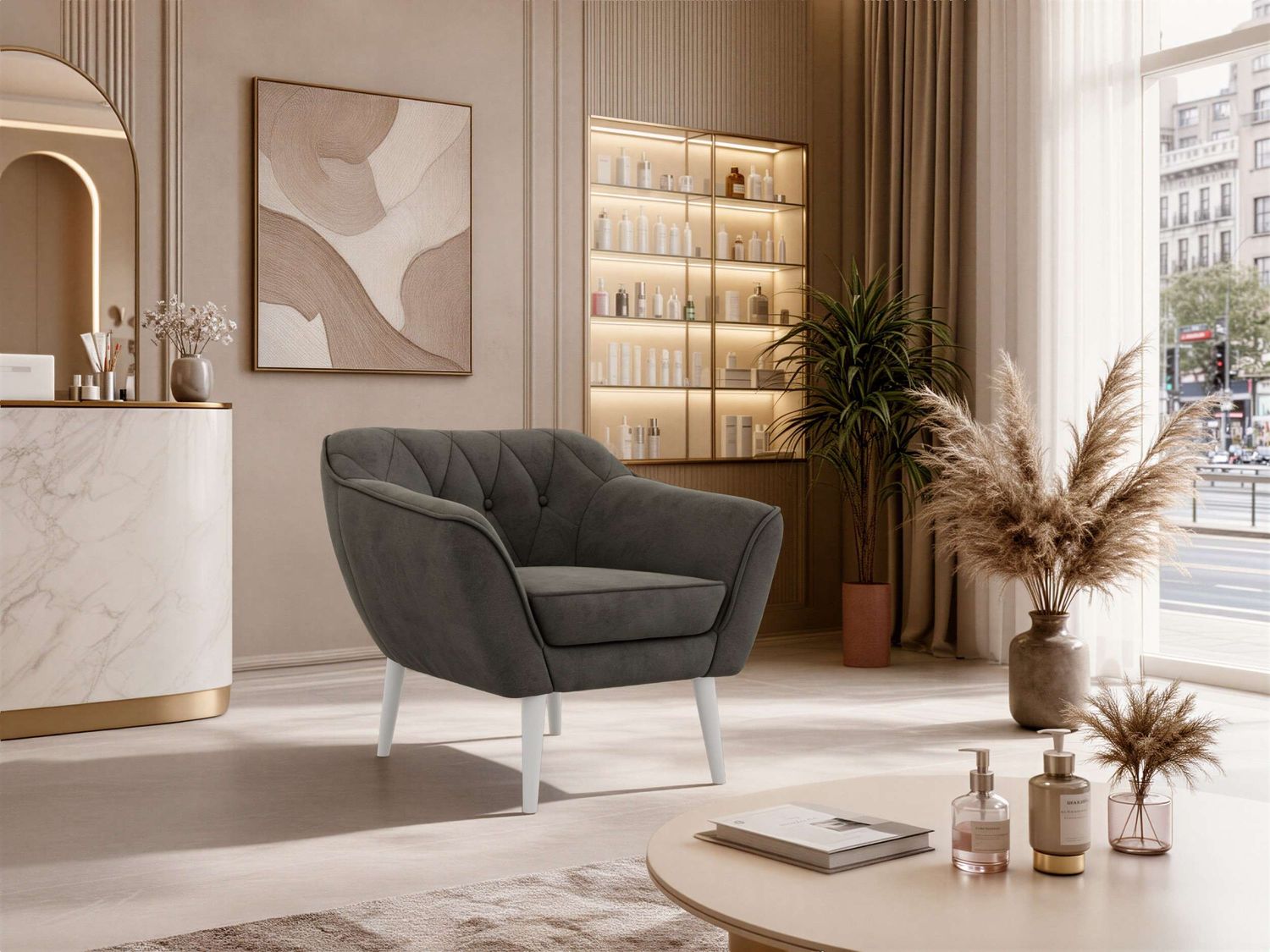 Polstersessel PIRS 1 skandinavischer Design 1-Sitzer, Sessel mit Wellenfederung, weiße Füße, Einzelsessel, Hoher Sitzkomfort - Dunkelgrau Velvet Bild 1