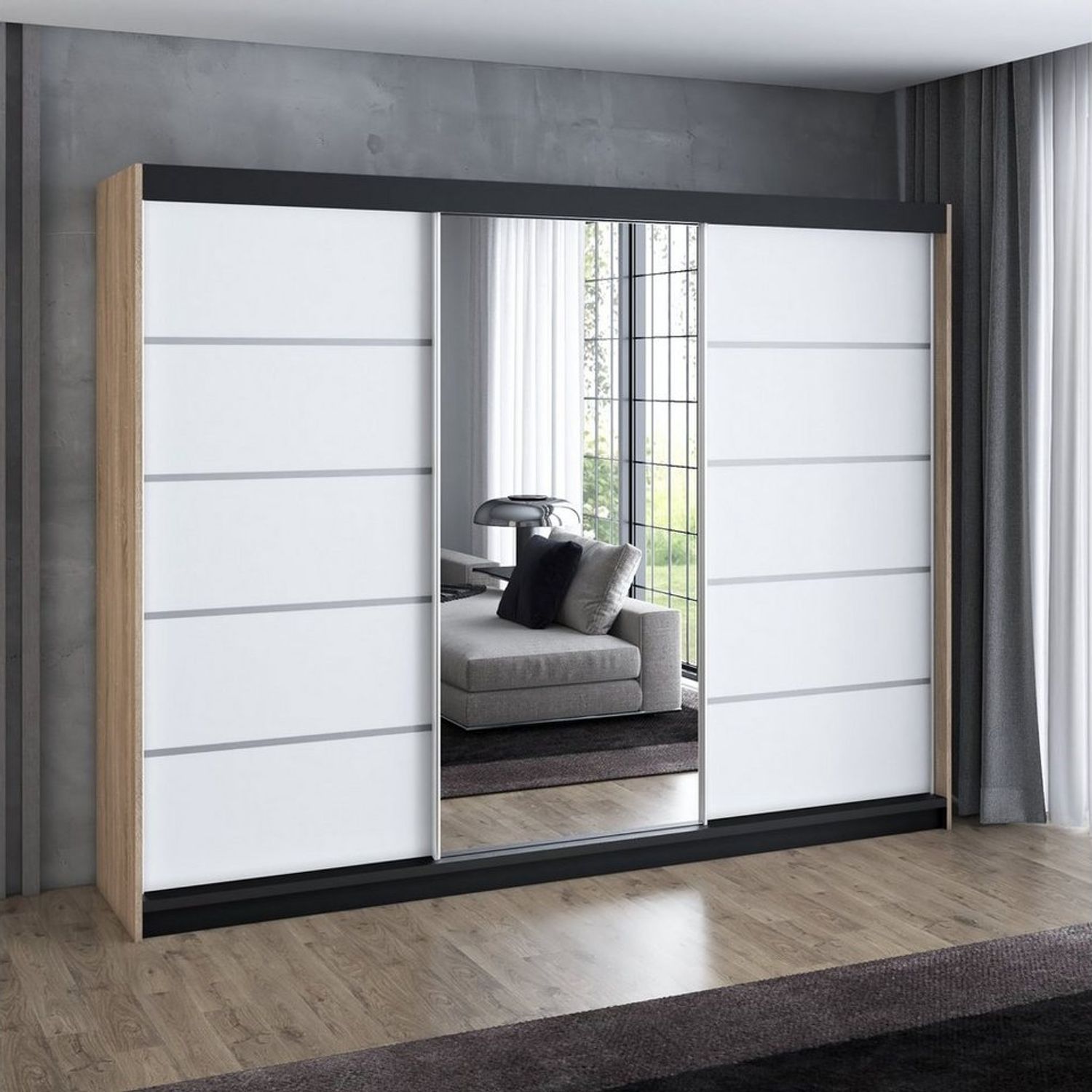 A&J MöbelLand GmbH Schwebetürenschrank VILUNO mit 4 Schubladen und Spiegel (Kostenlose Lieferung – nur für kurze Zeit! TOP ANGEBOT! Geräumiger Schrank mit einer Breite von 200 cm und Spiegel, ideal zur Aufbewahrung von Kleidung und Accessoires. 4 Schub... Bild 1