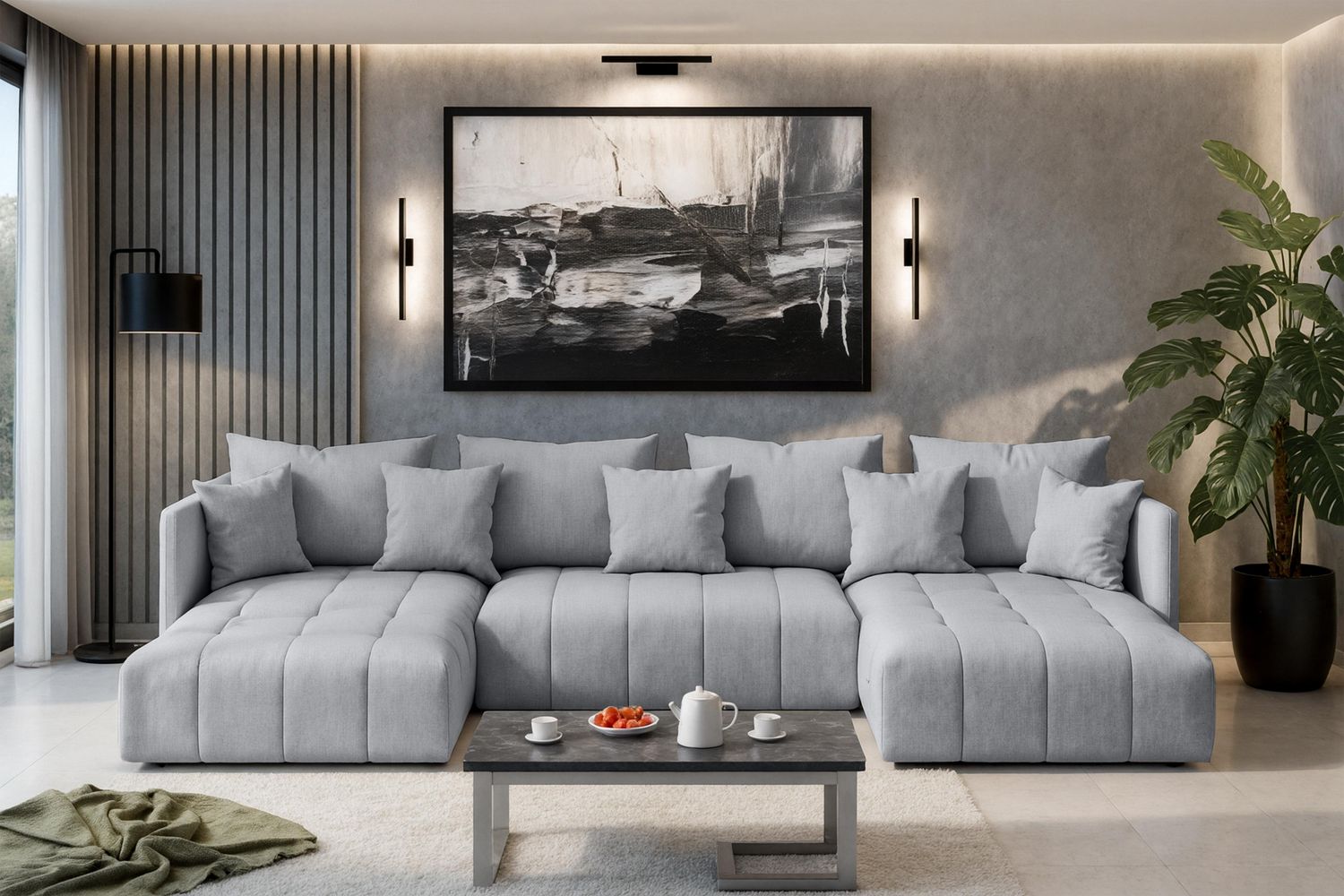 AX LIVING Sofa U Form mit Schlaffunktion Eckcouch hellgrau Veliro 345 Bild 1