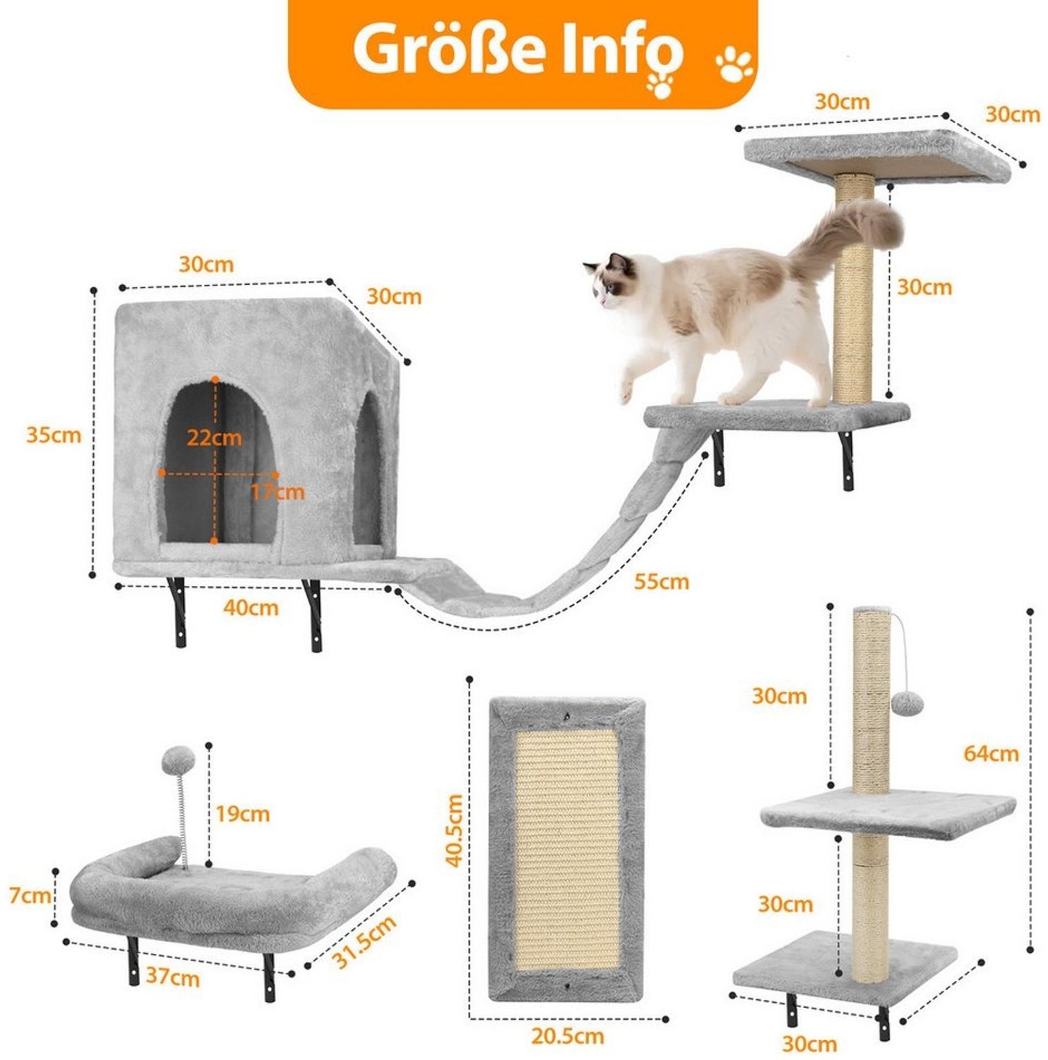 nobleza Kratzsäule Kletterwand Katzen 6 Set, Hängebrücke & festem Kratzbrett Bild 1