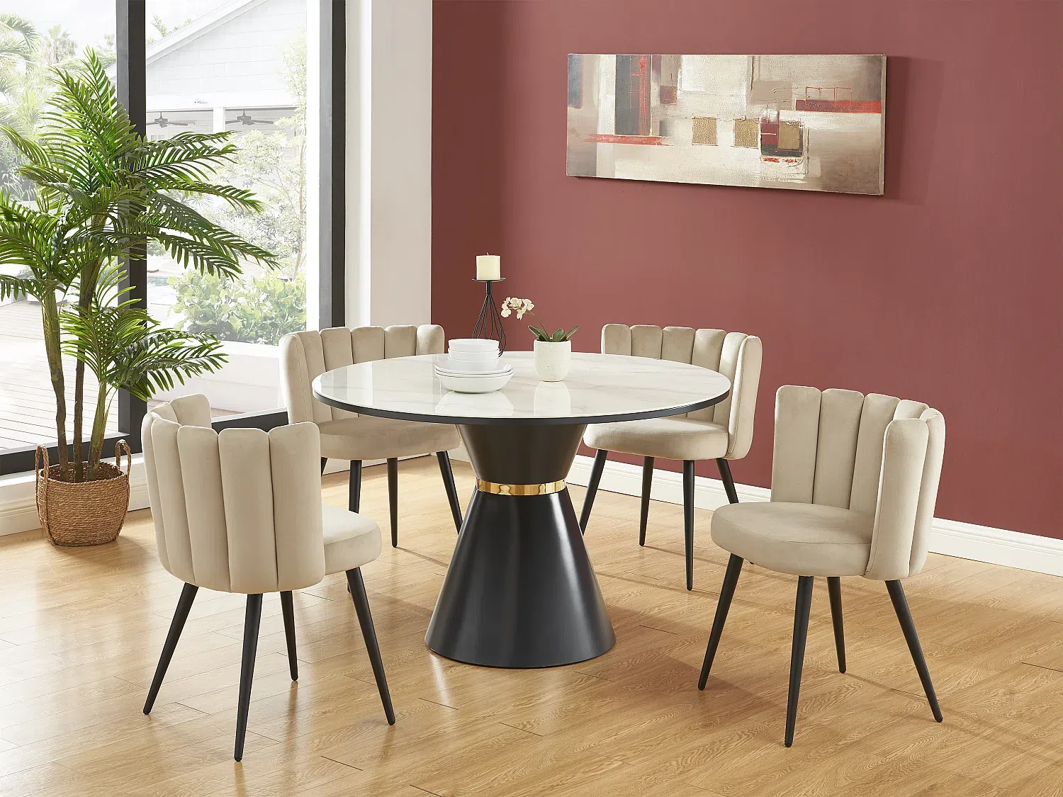 Vente-unique - PRANILA Stuhl SamtStoff Beige - B 55 cm x H 78,5 cm x L 59 cm Bild 1