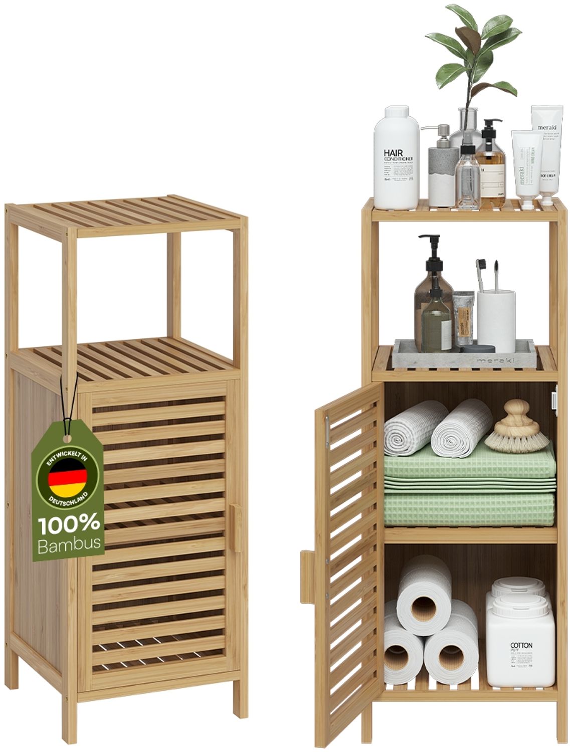 Bellamio 'Newa' Badezimmer Schrank, Bambus, natur, 85x33x33 cm, Badschrank mit 3 Ablagefächern Bild 1