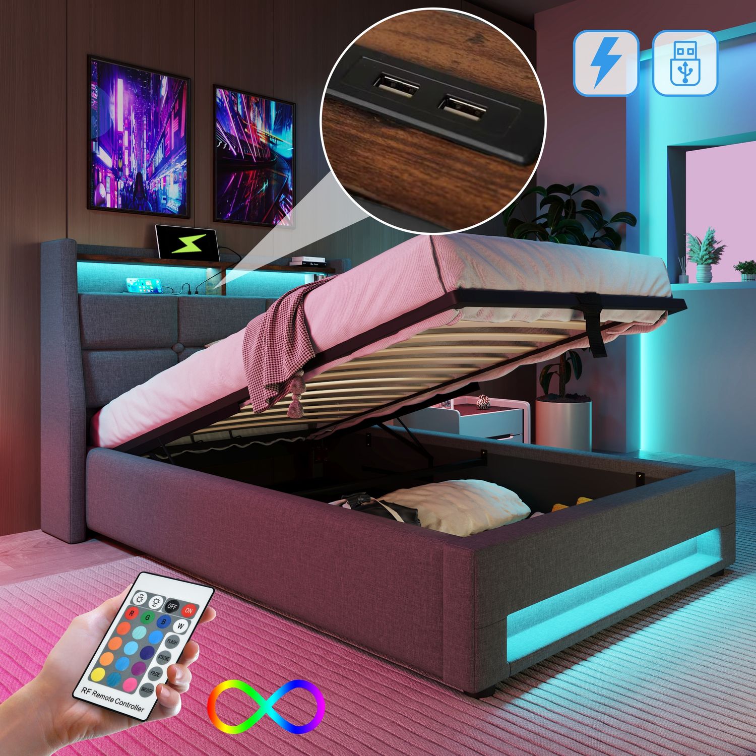 Polsterbett mit USB 90x200cm,LED Einzelbett mit Lattenrost aus Metallrahmen,Bettgestell aus Leinenmaterial Jugendbett (Ohne Matratze) Bild 1