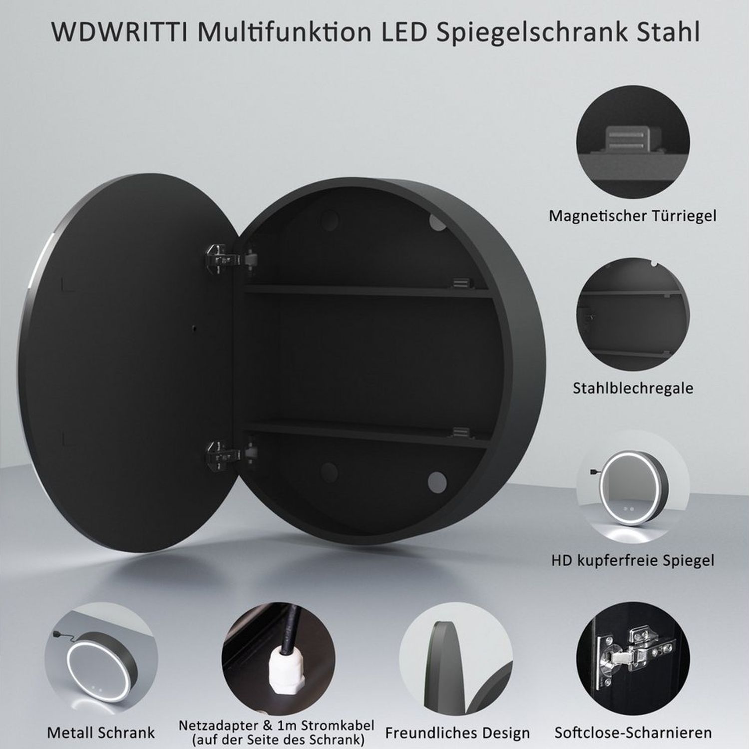 WDWRITTI Spiegelschrank Rund 60cm Badezimmerspiegelschrank mit beleuchtung modern (Wandschrank Schwarz, 3Lichtfarben, Dimmbar, Anti-fog, Speicherfunktion) Stahlblechregale, mit Netzadapter, IP44 Bild 1