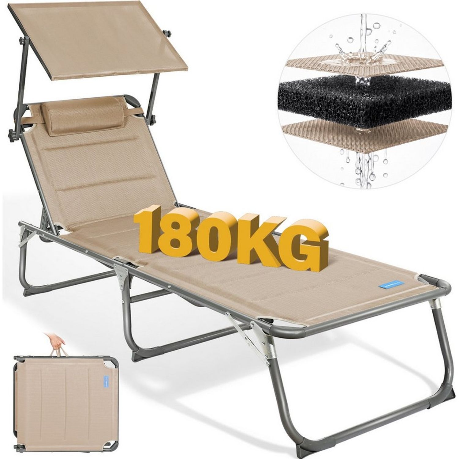 Homecall Sonnenliege mit Dach, schnell trocknender Schaumstoff, XXL, 200x70 cm - (Beige) Bild 1