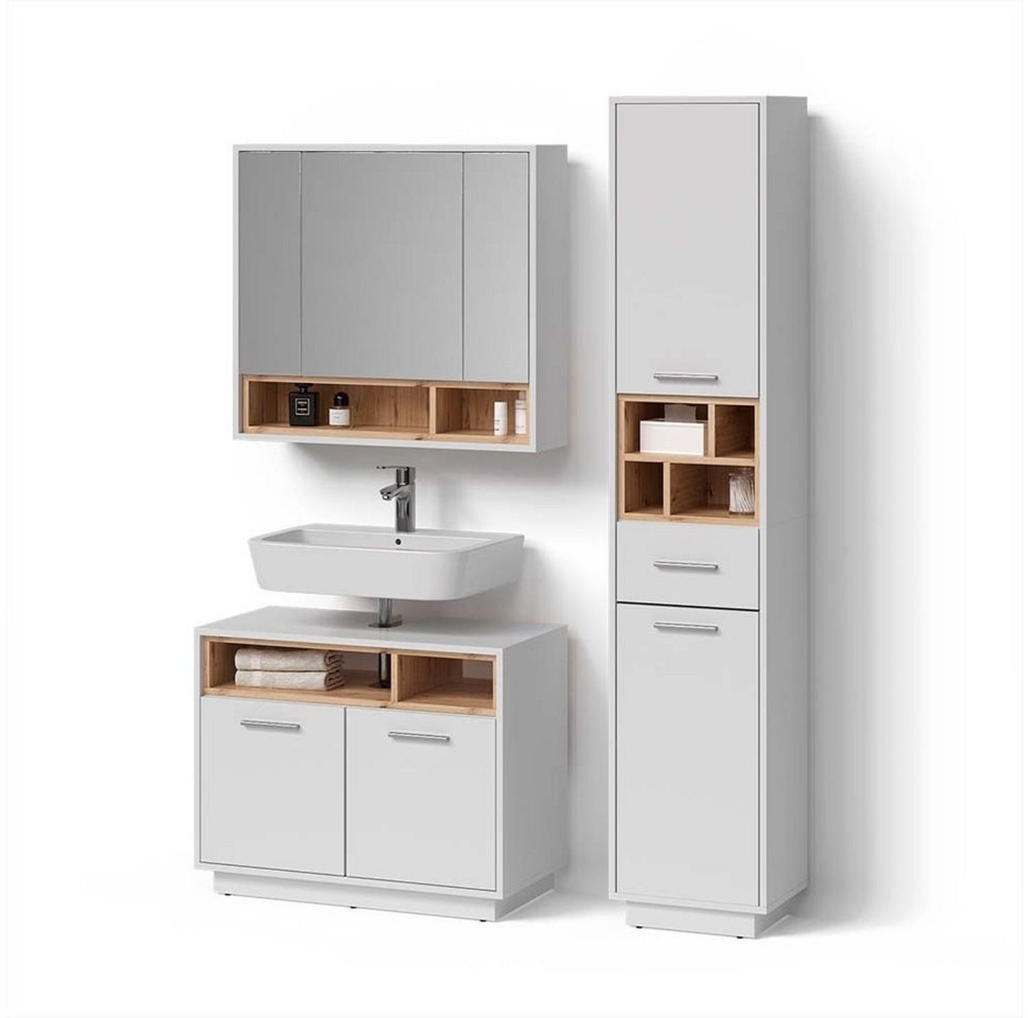 Livinity® Badmöbel-Set Temo, Weiß/Sonoma, 3 Teile, mit Hochschrank Bild 1