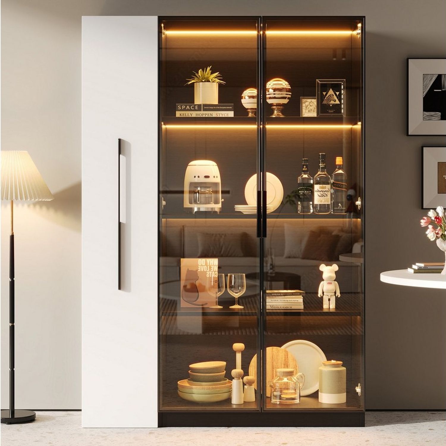 Merax Glasvitrine (2-in-1-Design Multifunktionsschrank Vitrinenschrank, 1-St, 110.5x35x160cm) LED-Vitrine mit Glastür & seitlichem Rollregal,Hochschrank Bücherregal Bild 1