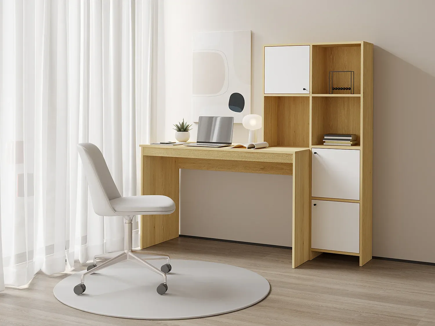 Vente-unique - ALIOBINI Büromöbel Holz, Platte BeigeWeiß - B 51,5 cm x H 146,8 cm x L 156,8 cm Bild 1